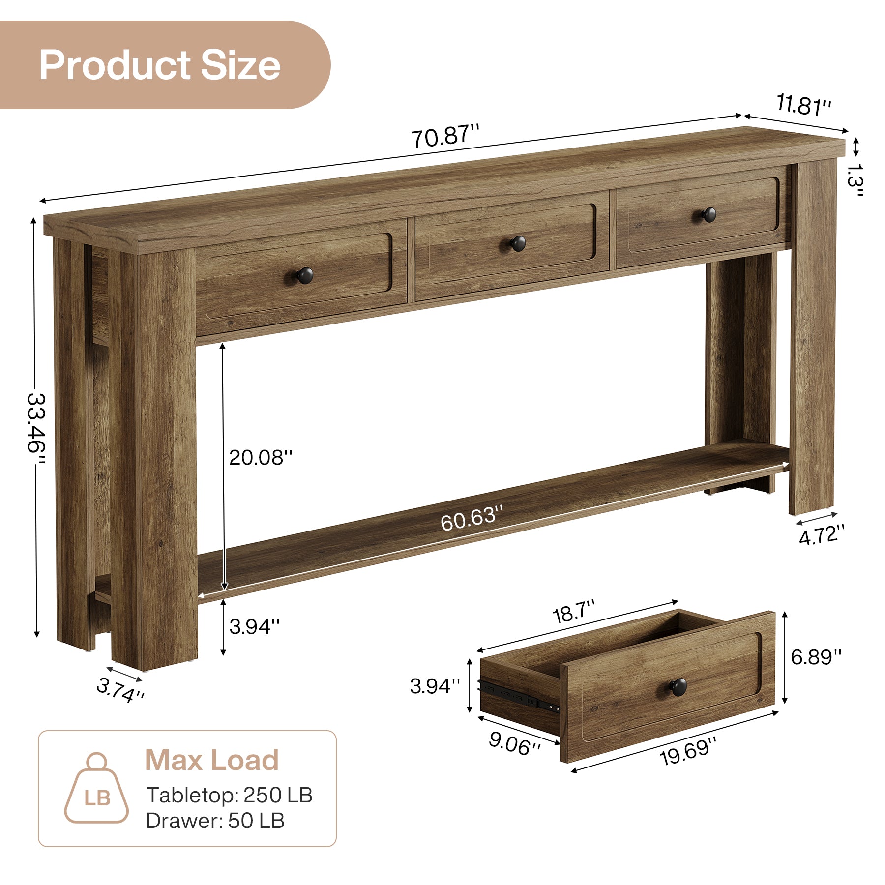 70.9" Extra-Long Console Table with 3 Drawers, Narrow Farmhouse Entryway Sofa Table with Shelf for Hallway or Behind Couch