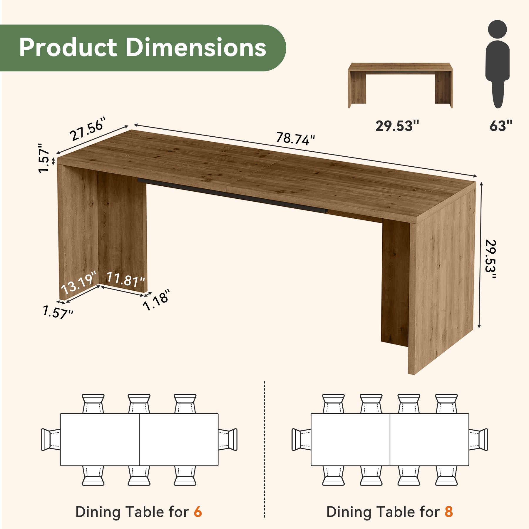 78"Solid Wood Dining Table, Kitchen Table for 6-8 People for Dining Room