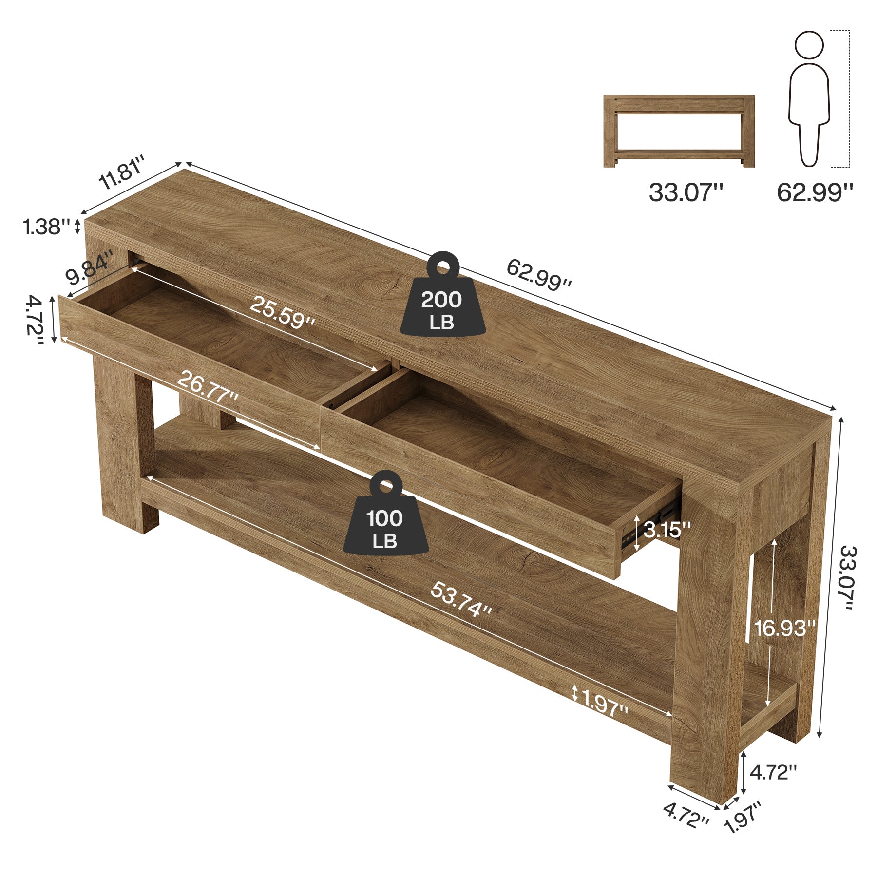 63" Console Table with 2 Storage Drawers, Farmhouse Entryway Table with Open Shelf