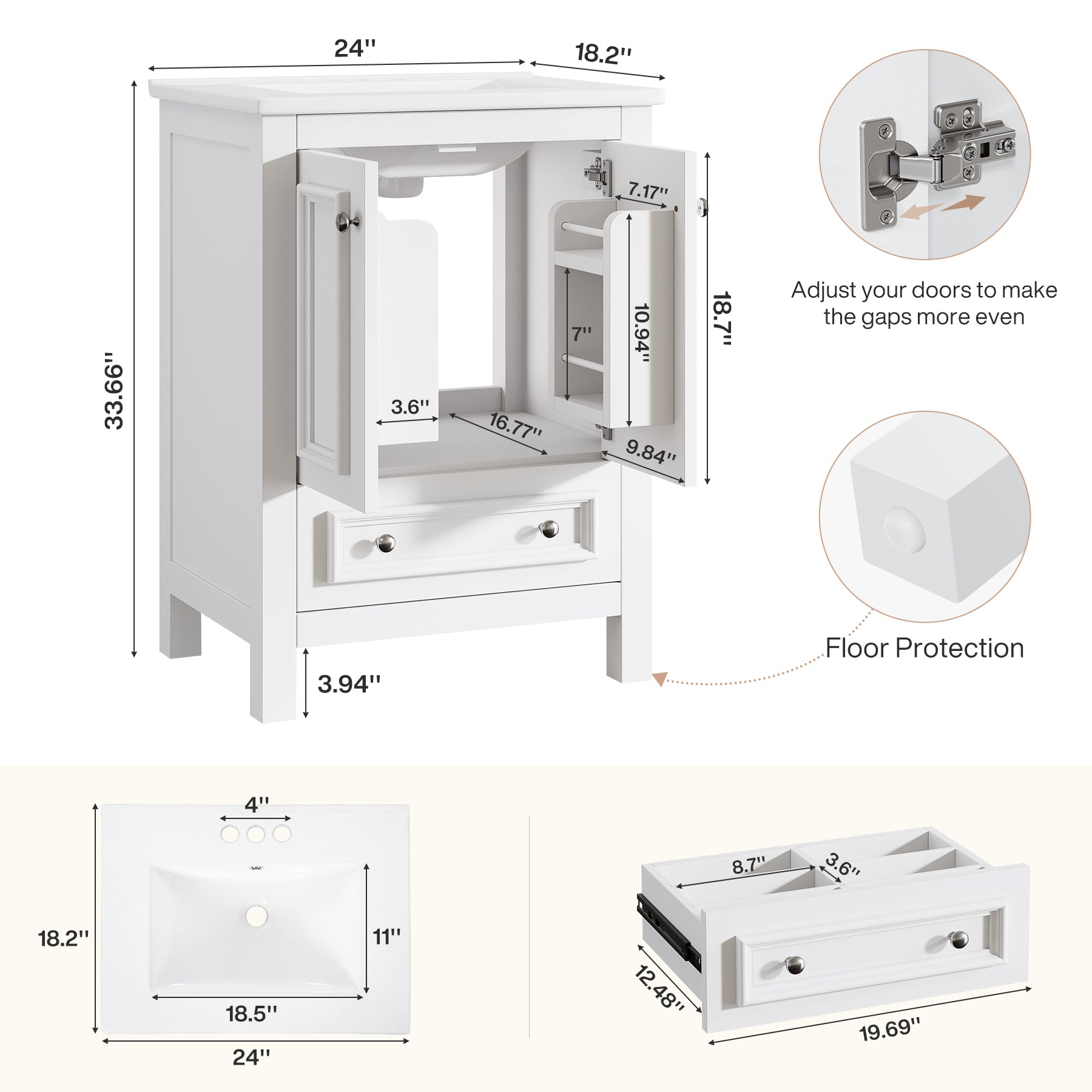 Modern Bathroom Vanity, Vanity Cabinet with Ceramic Basin and 1 Drawer