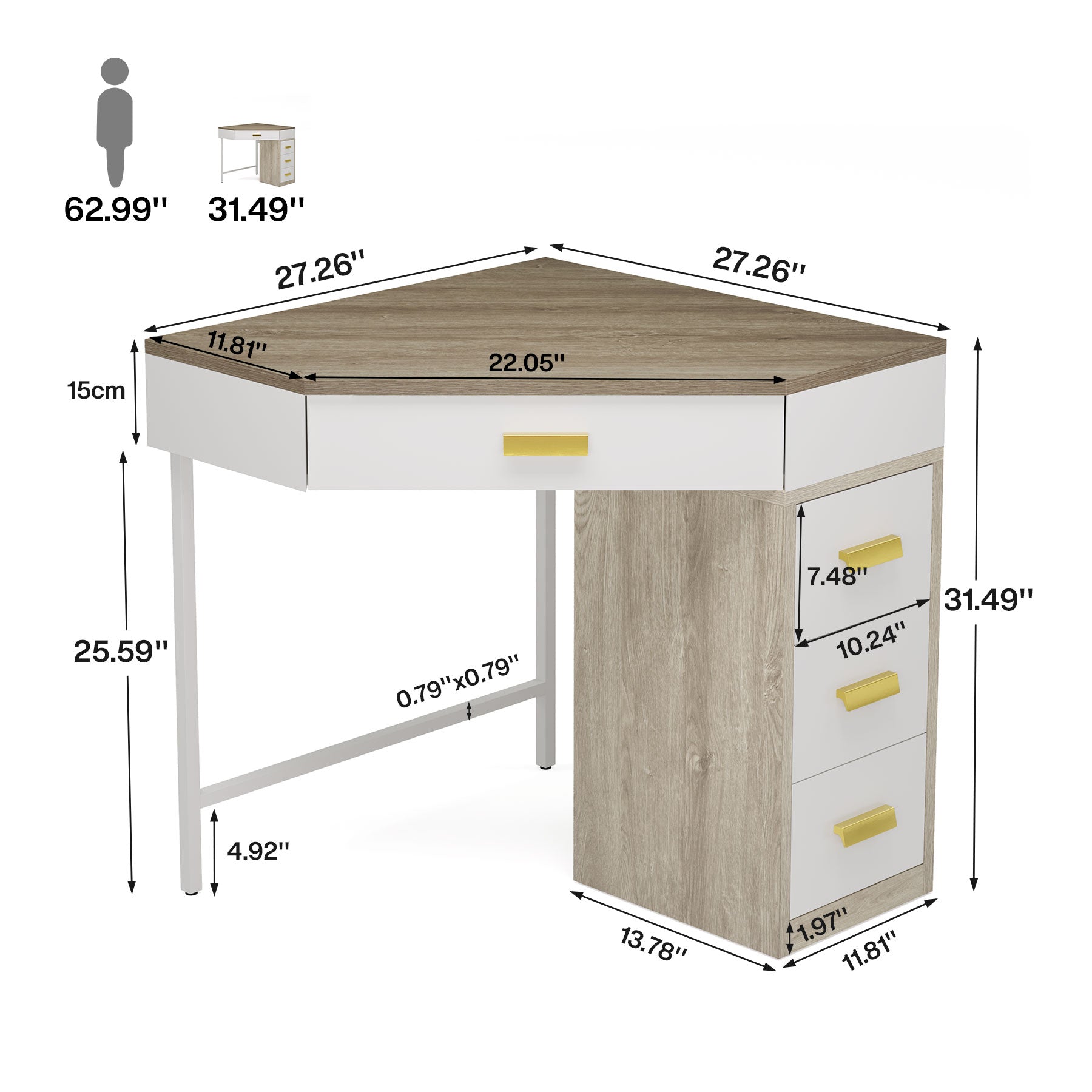 Corner Desk, Triangle Computer Desk Makeup Vanity Desk with 3 Drawers