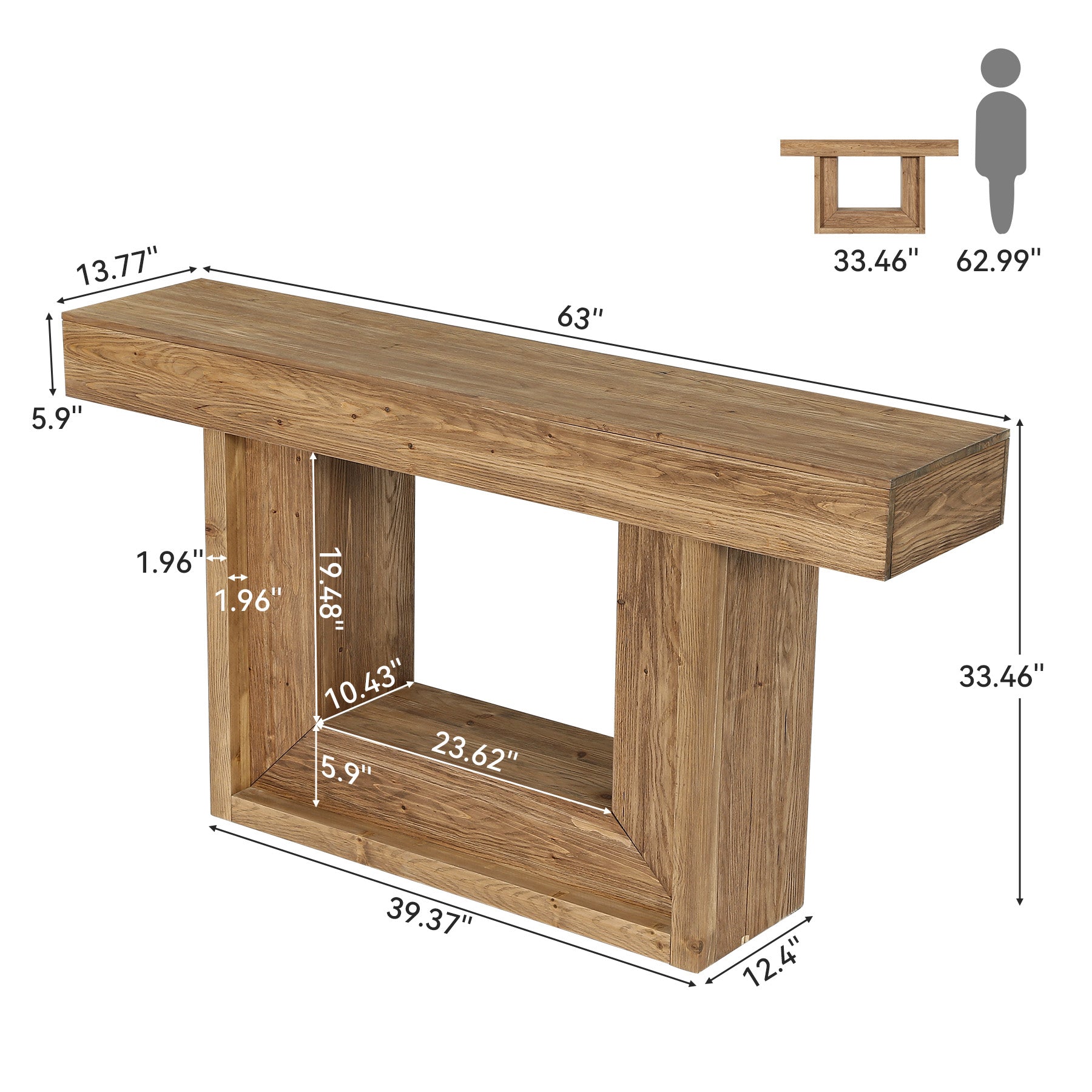63" Solid Wood Console Table with U-Shaped Base, Farmhouse Narrow Entryway Table with Open Storage Shelf