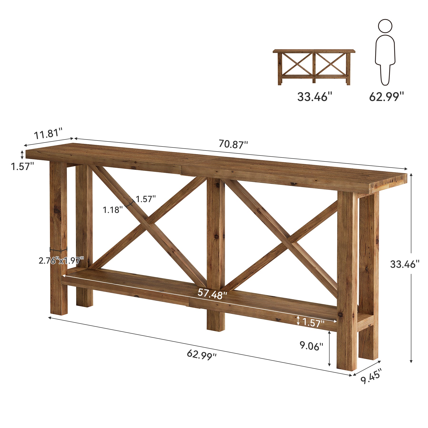 70.87" Solid Wood Console Table with Storage, Farmhouse Narrow Entryway & Sofa Table with X-Frame