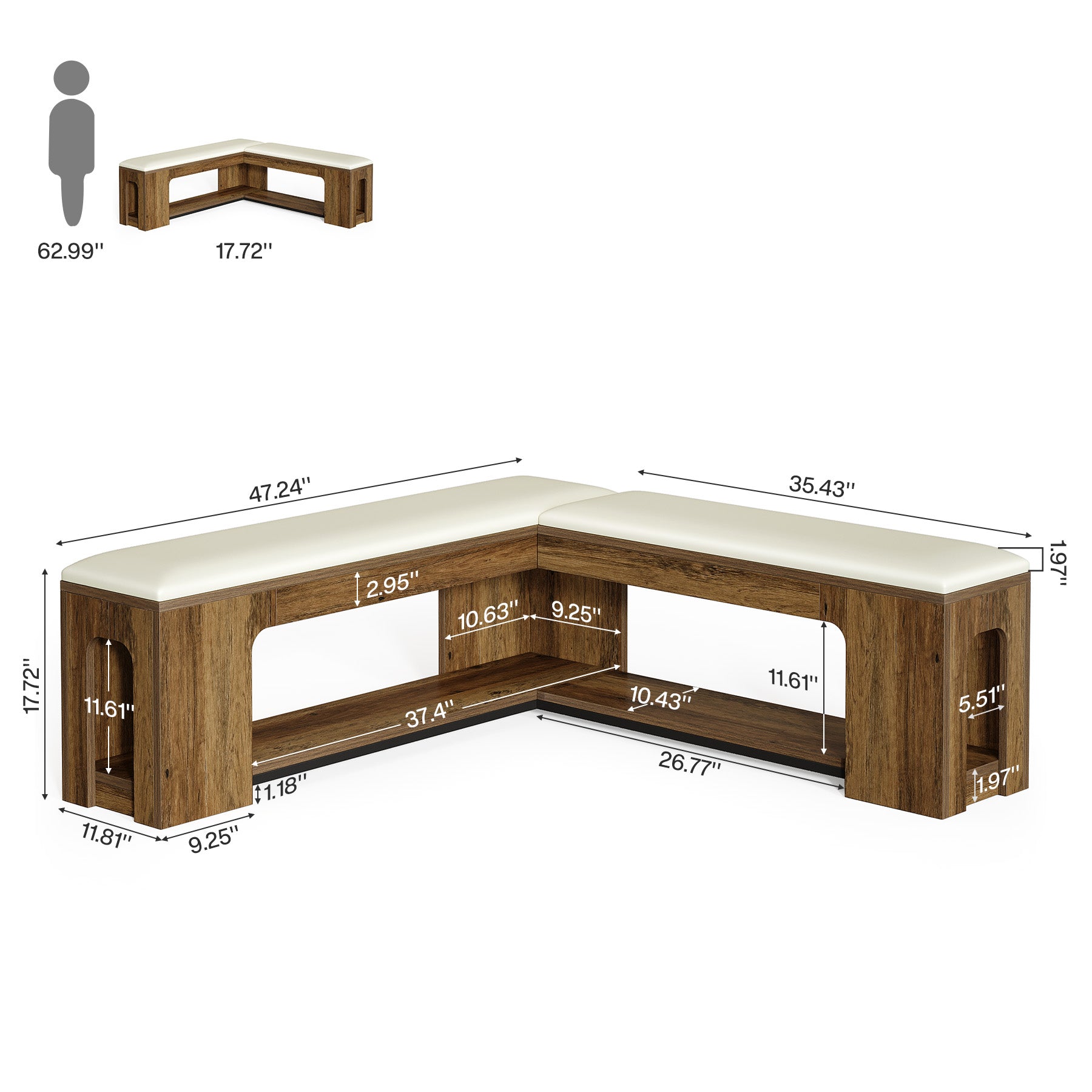 L-Shaped Corner Bench, Farmhouse Dining Bench with Removable Seat Cushion