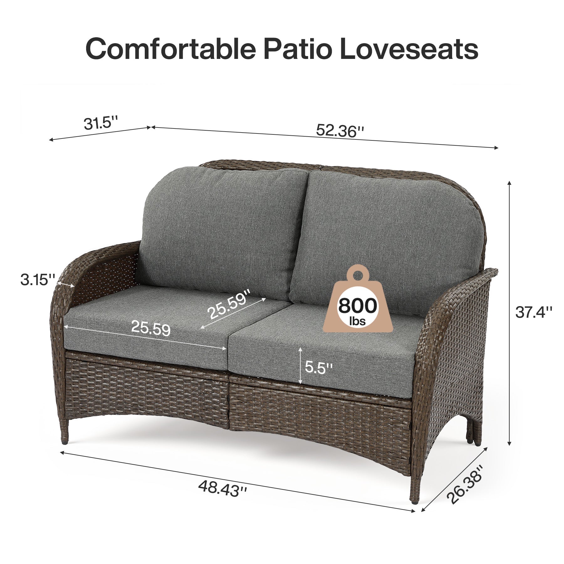 Outdoor Wicker Loveseat, 2-Seater Patio Sofa PE Rattan Outdoor Furniture for Porch