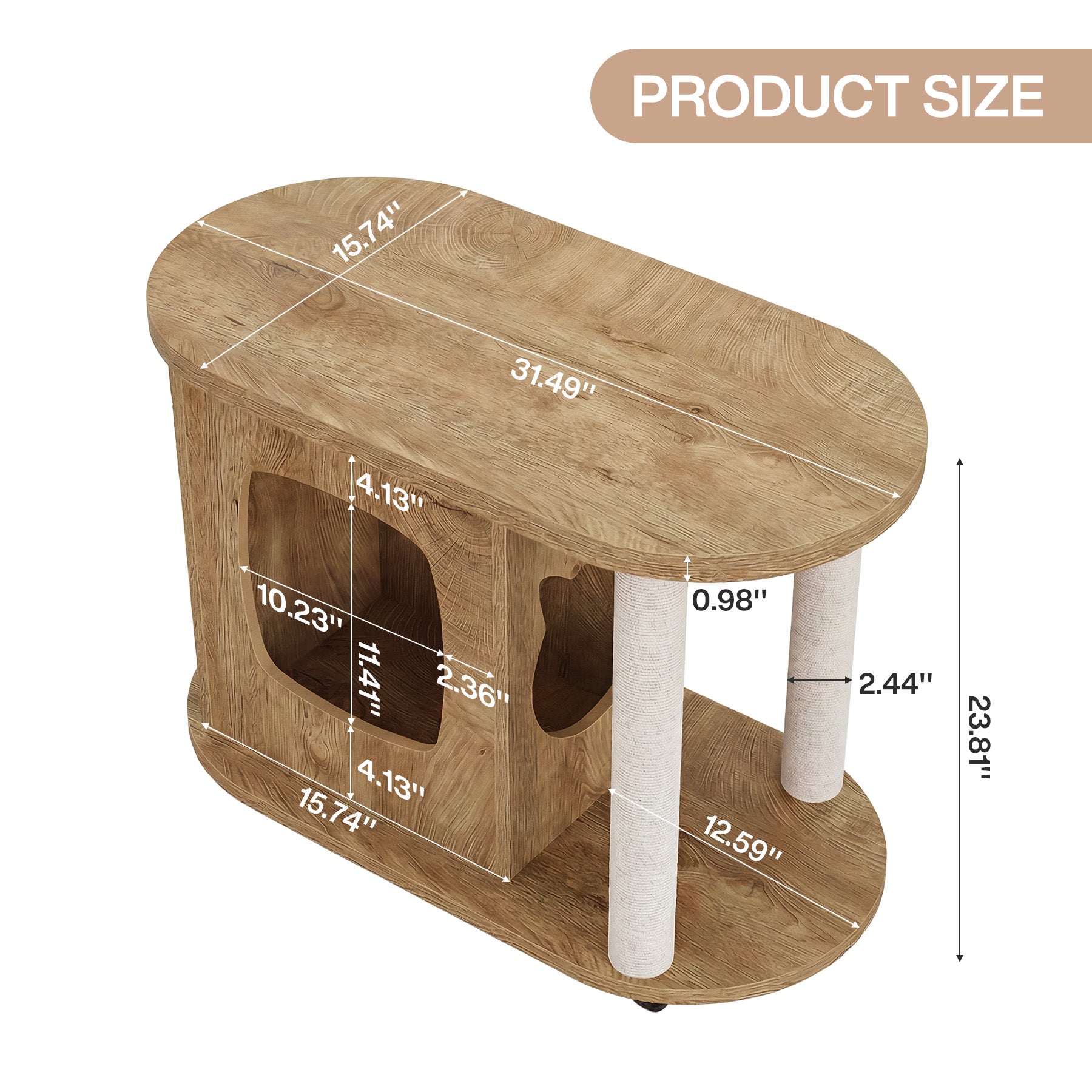 Rolling Sofa Side Table, End Table with Scratching Posts and Cat Bed