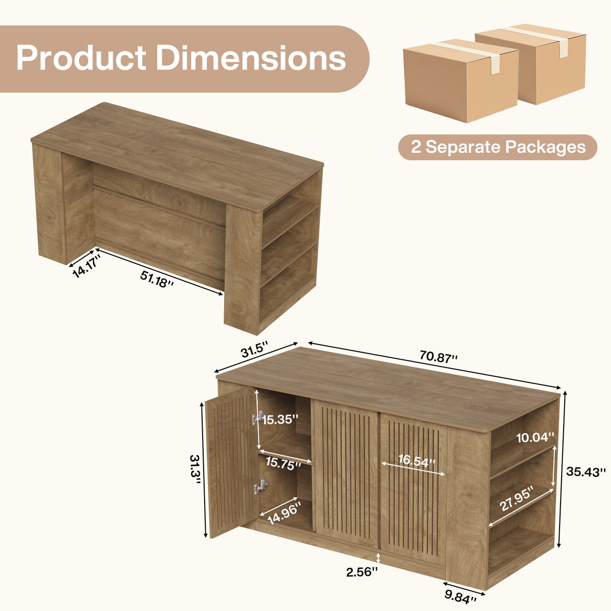 71" Bar Table, Farmhouse Counter Height Pub Table with Slatted Cabinet & 6 Open Shelves
