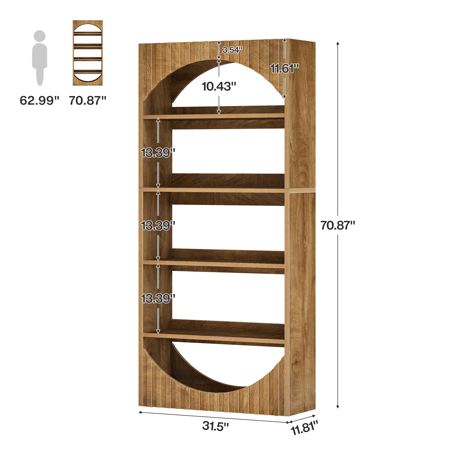 5-Tier Bookshelf, 70.8" Bookcase with Fluted Arched Top and Back Baffle