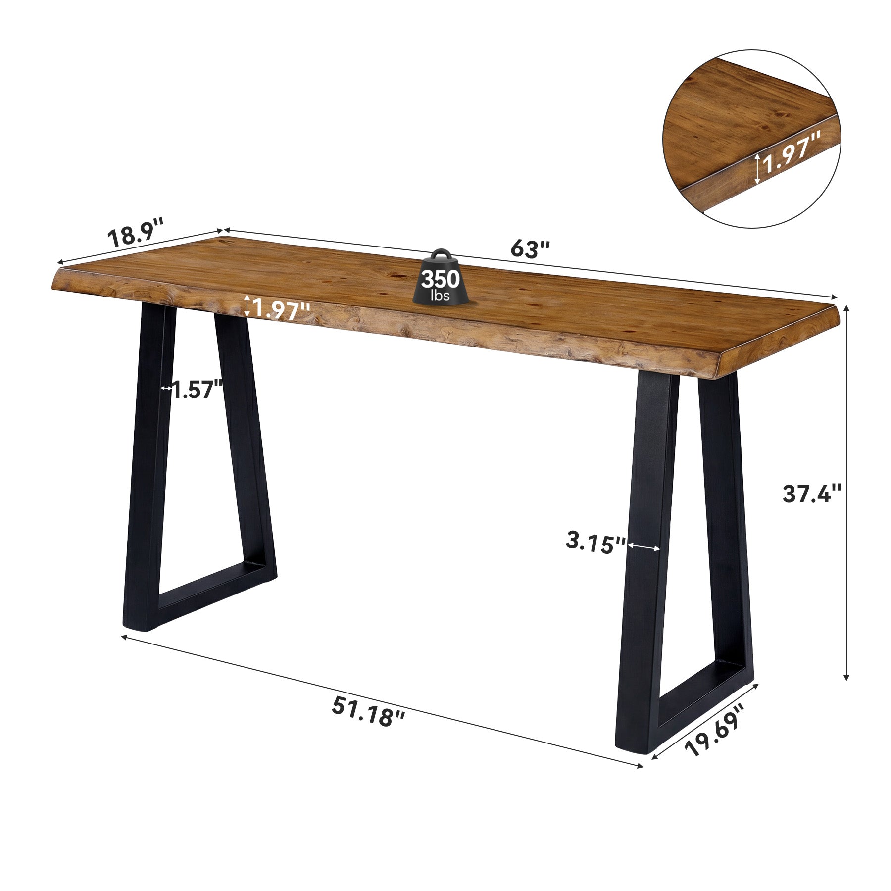 Solid Wood Bar Table, 63” Counter Height Table with Metal Legs for Kitchen