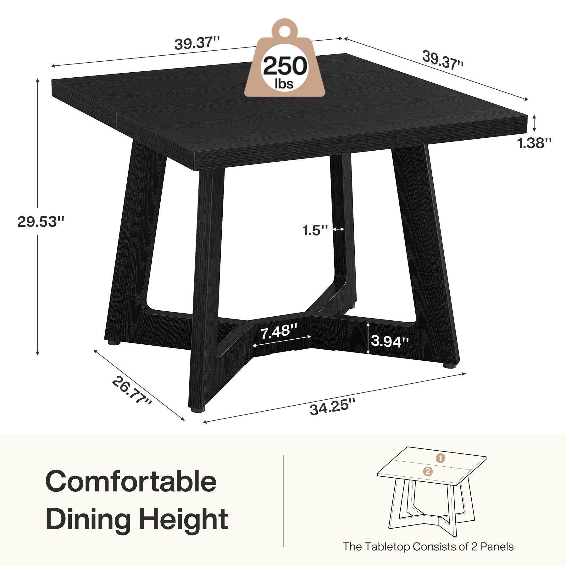 39.37" Square Dining Table, Modern Kitchen Table Geometric Leg for 4 People