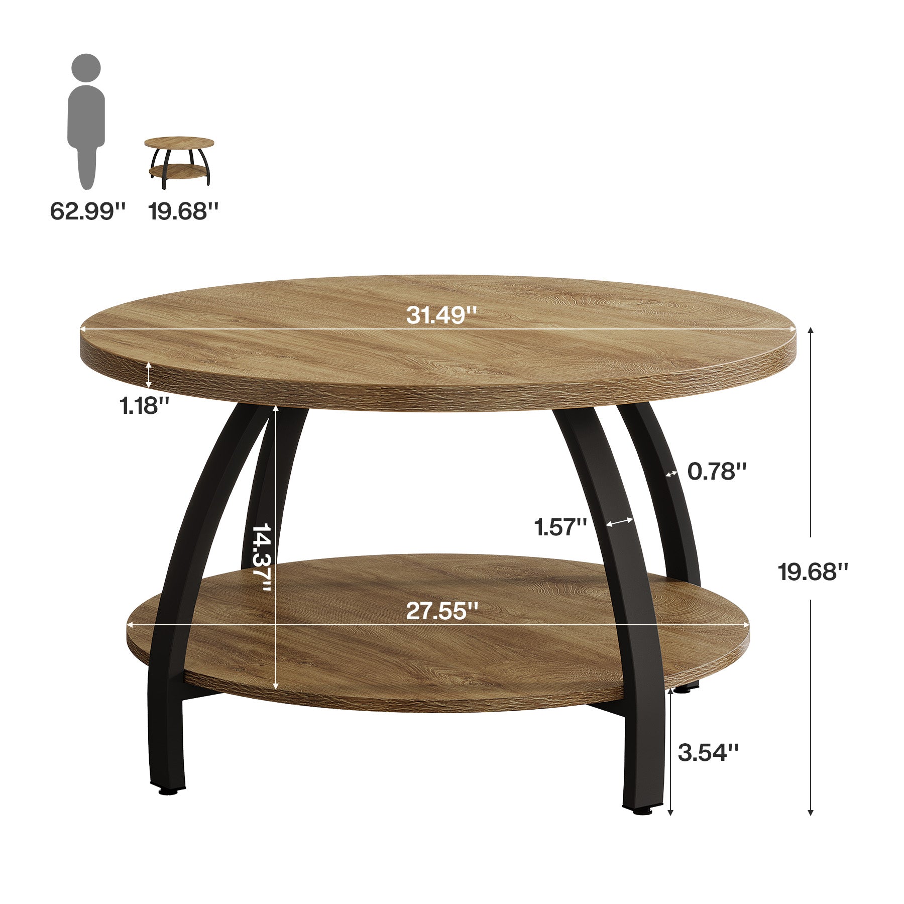 Round Coffee Table, 31.5" Center Cocktail Table with 2-Tier Storage Shelves