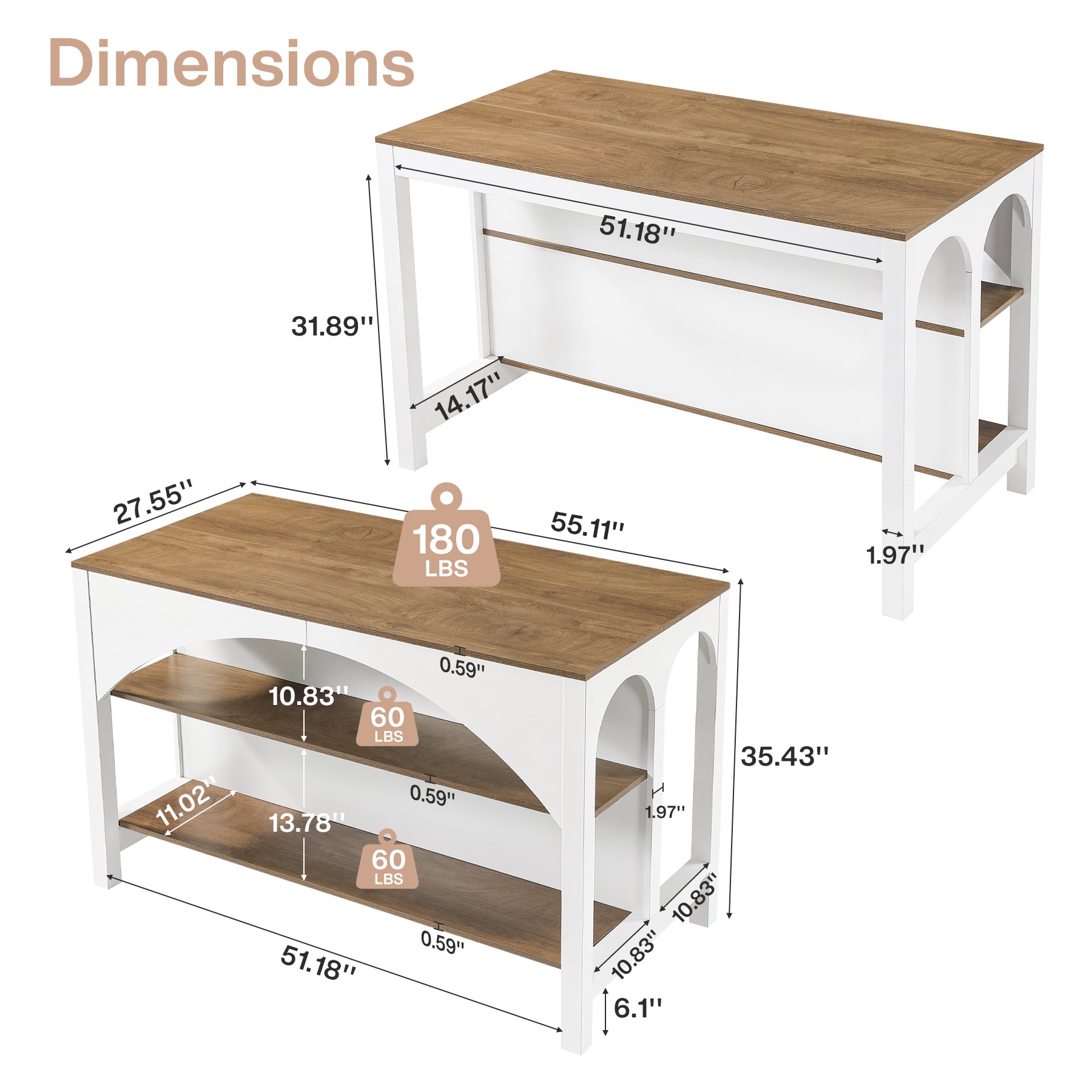 55" Kitchen Island with 2-Tier Shelves, Modern Stationary Island for Kitchen