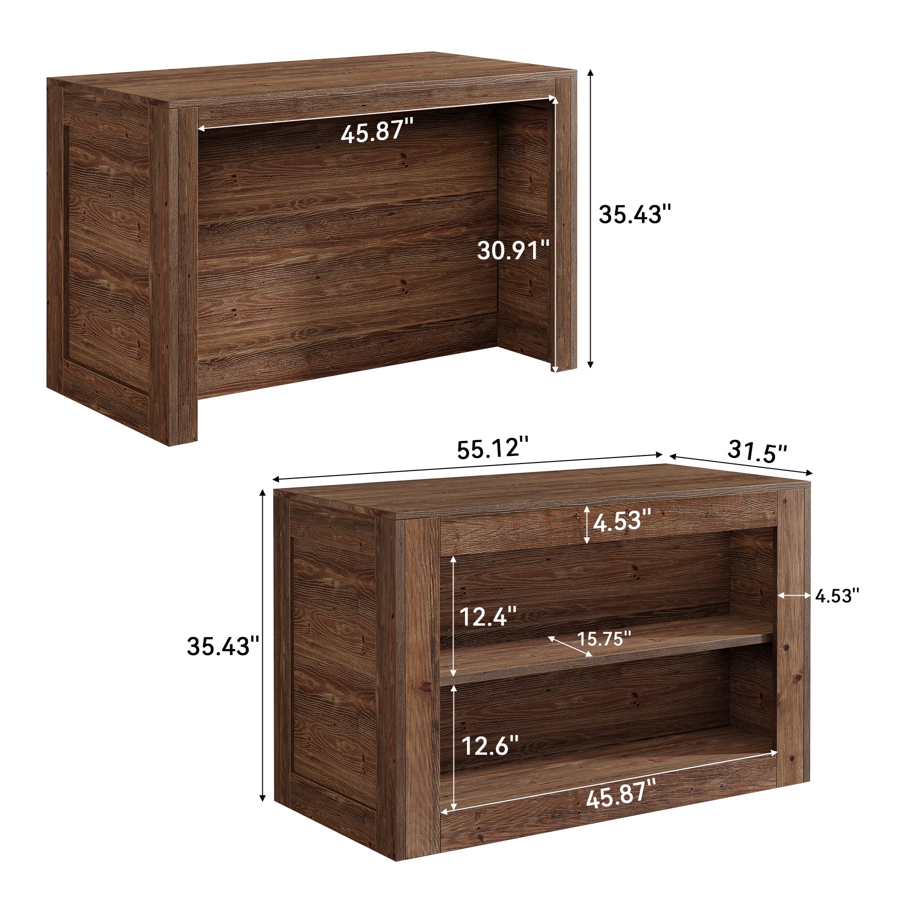 55" Solid Wood Kitchen Island, Farmhouse Stationary Table with 2-Tier Storage for Kitchen