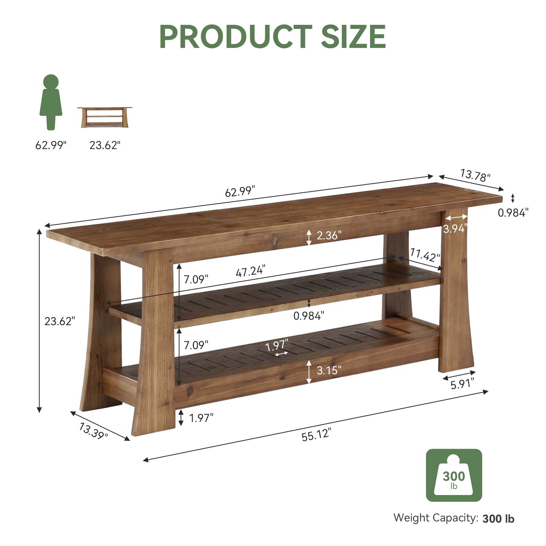 63-Inch Solid Wood Shoe Bench, Farmhouse Indoor Entryway Bench with 3-Tier Storage