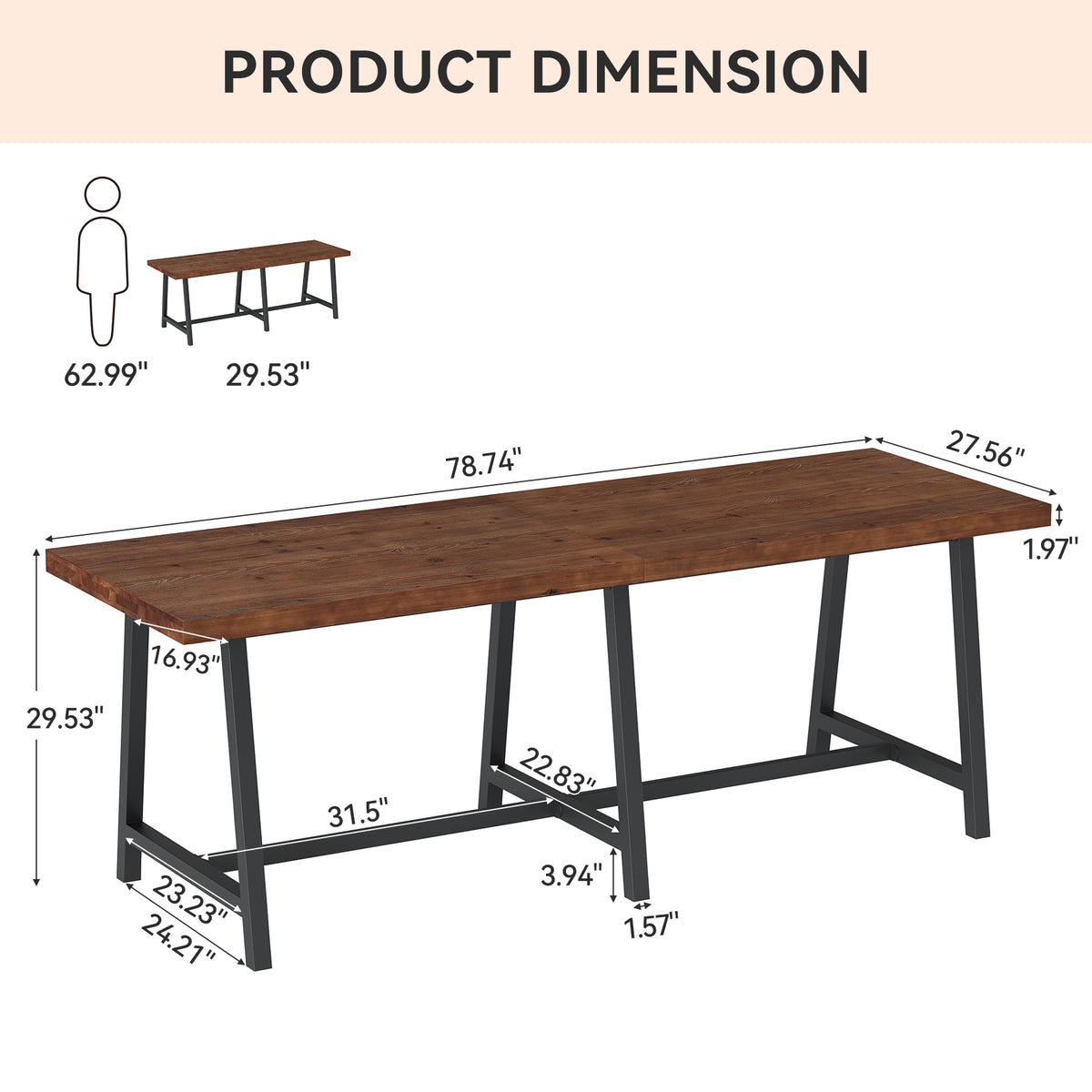 78.74" Solid Wood Two-Person Desk, Industrial Computer Executive Desk with Metal Legs