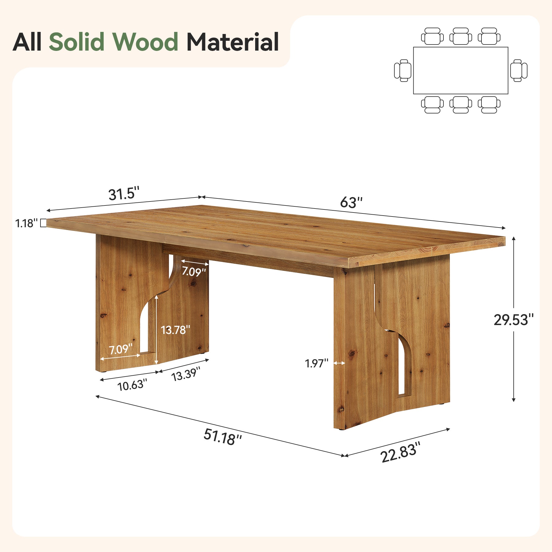 63" Solid Wood Dining Table for 4-6, Farmhouse Kitchen Table with Cutout Bases