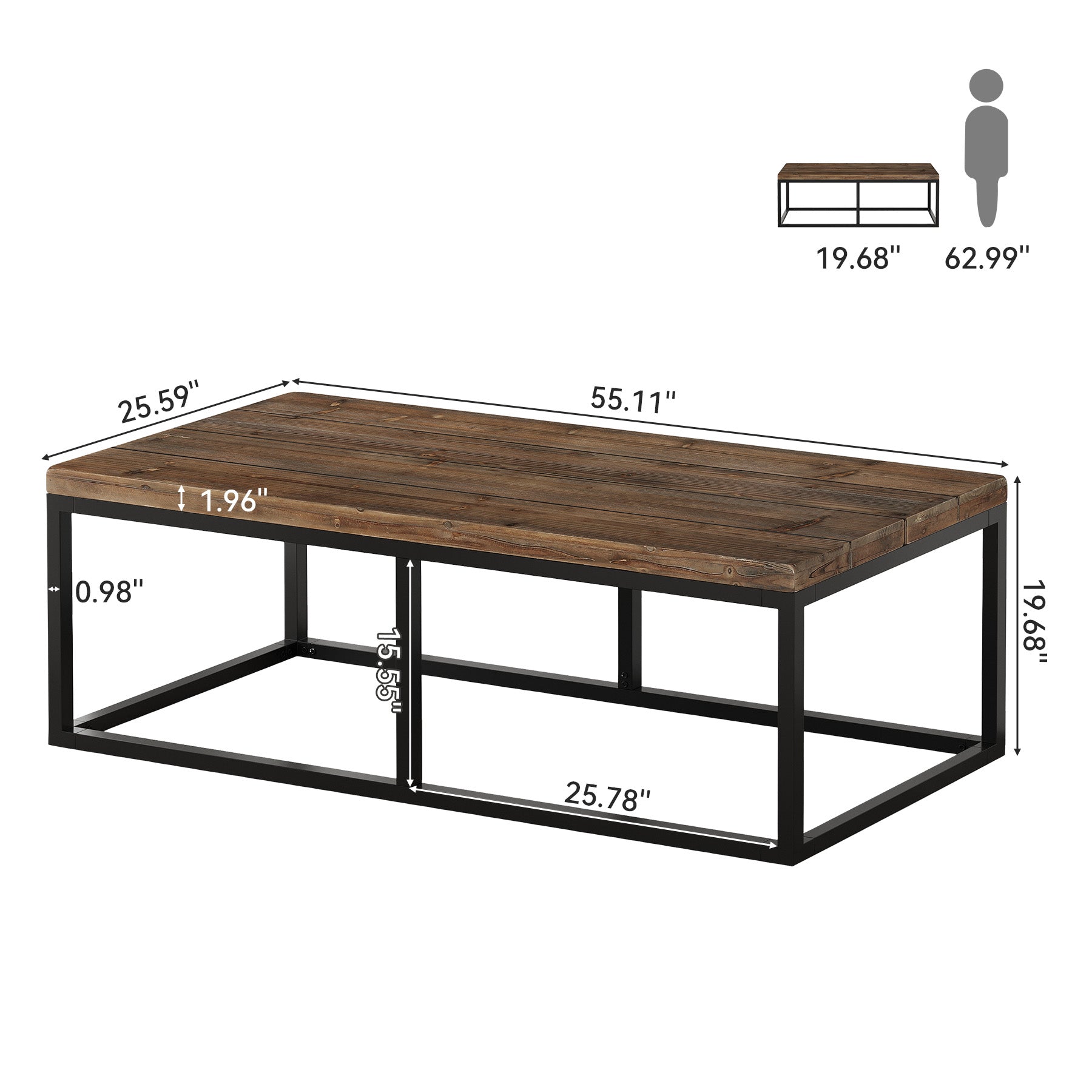 55" Solid Wood Coffee Table, Rectangular Center Table with Steel Frame for Living Room