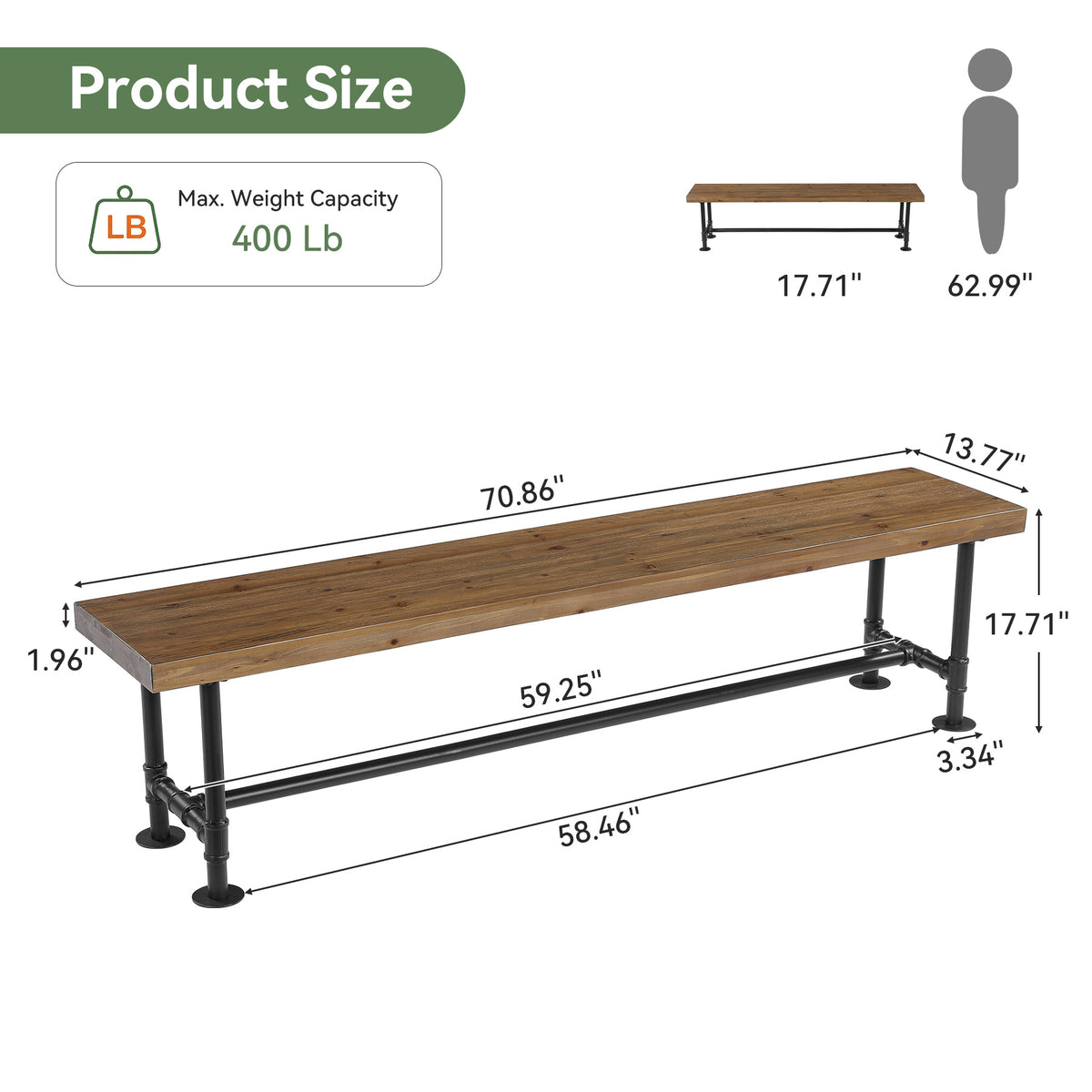 71" Solid Wood Dining Bench, Industrial Wood Bench with Metal Pipe Legs for Kitchen