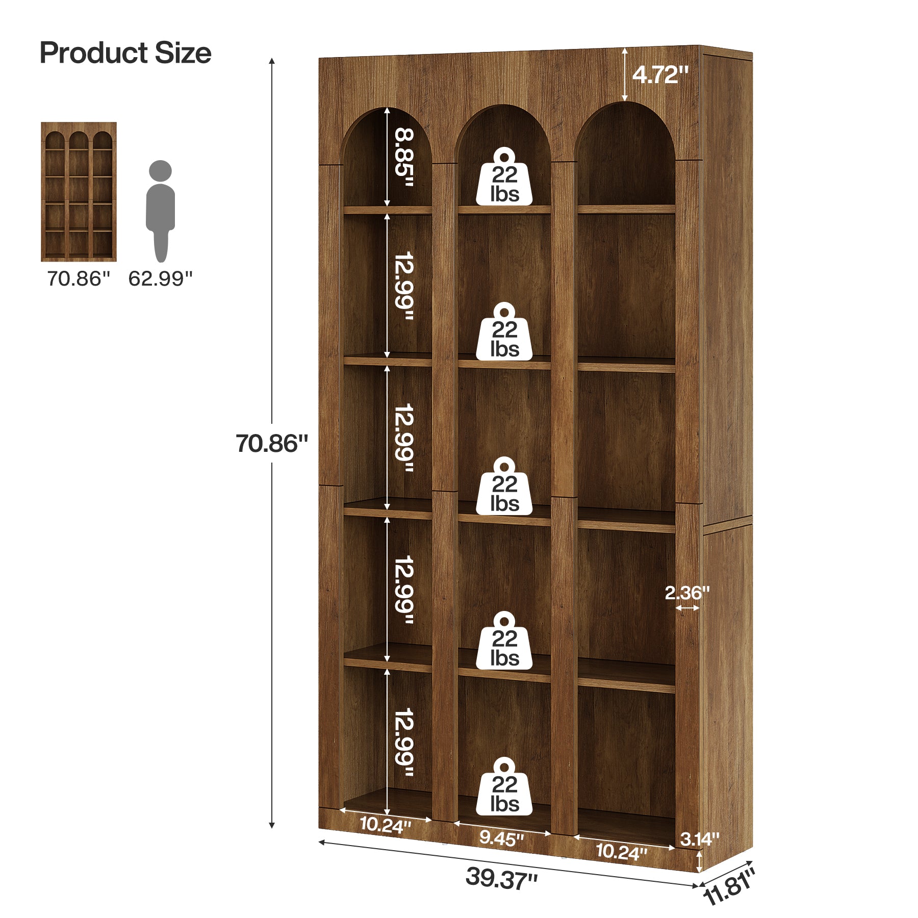 70.8" Arched 5-Tier Bookshelf with Open Shelves, Vintage Farmhouse Style Tall Display Bookcase