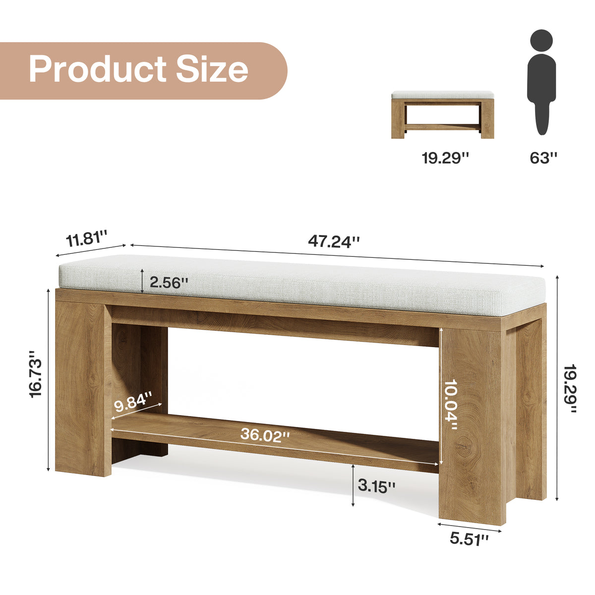 47" Upholstered Entryway Bench, Indoor End of Bed Bench with Padded Seat