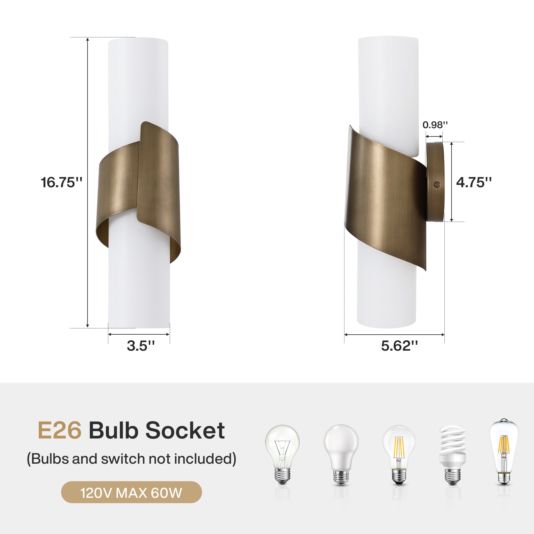 2‑Light Cylinder Wall Sconce, Brushed Antique Brass Wall Light with Frosted Glass Shade