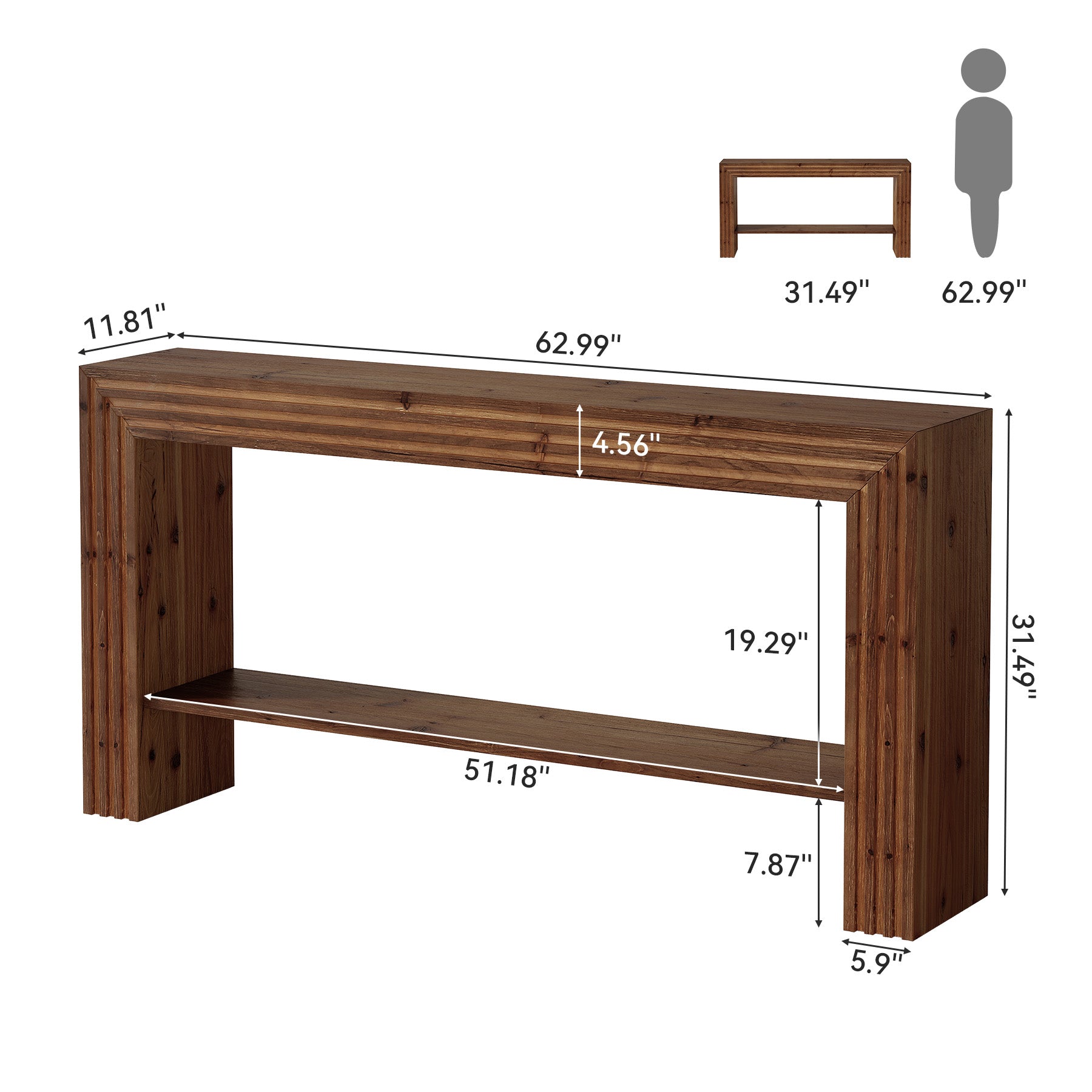 63" Solid Wood Farmhouse Console Table, Entryway & Sofa Table with Storage Shelf