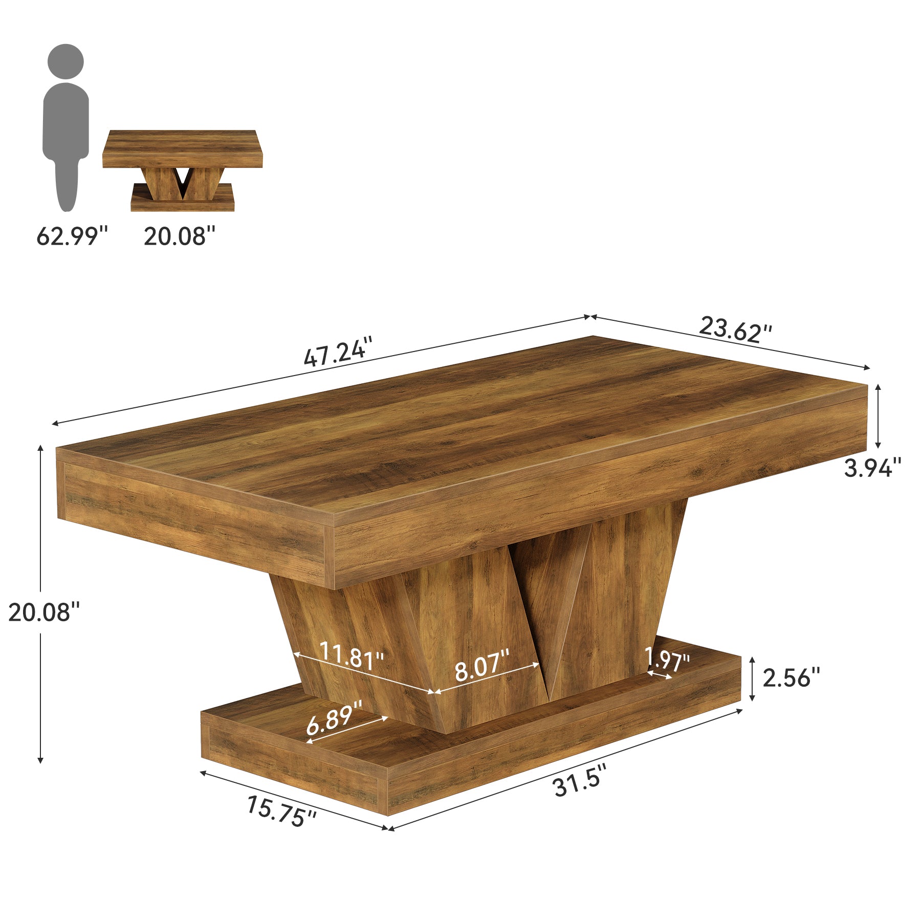 47.2" Farmhouse Rectangular Coffee Table, Mid-Century Wooden Center Table with Sculptural Base