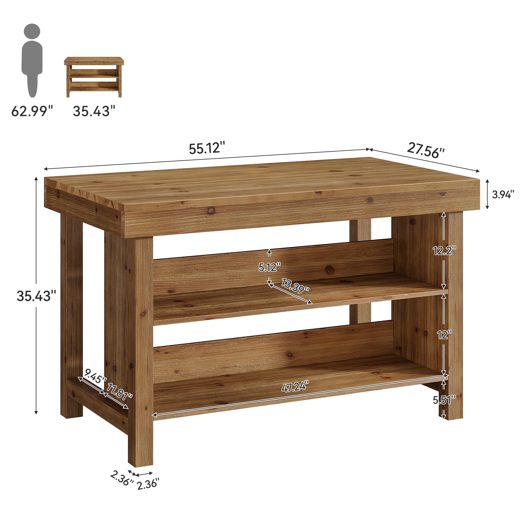 55" Farmhouse Bar Table, 3-Tier Solid Wood Bar Unit with Open Storage Shelves