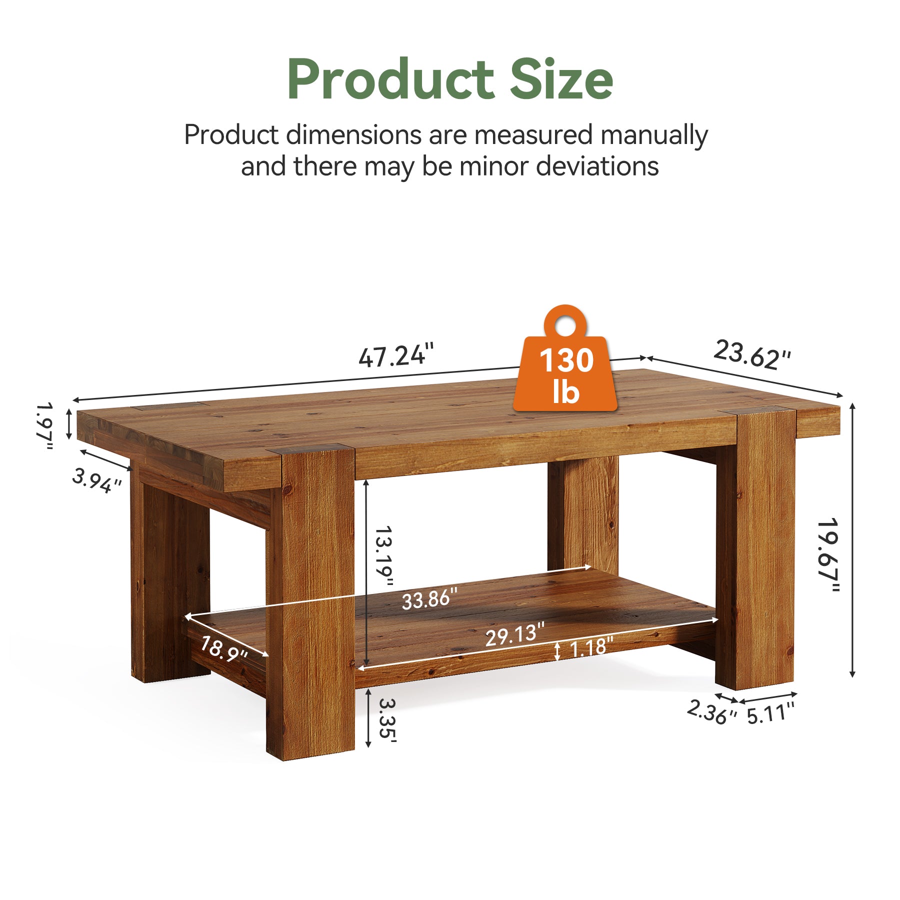 47.2" Solid Wood Coffee Table, Rectangle Center Table with 2-Tier Storage Shelf