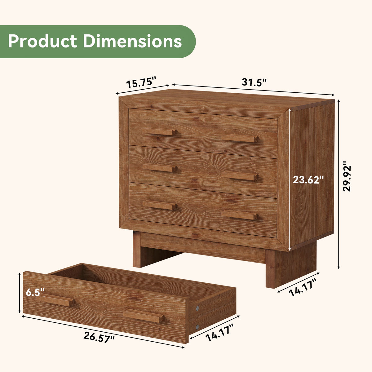 31.5” Solid Wood Nightstand, Oversized Bedside Table with 3 Large Drawers for Bedroom