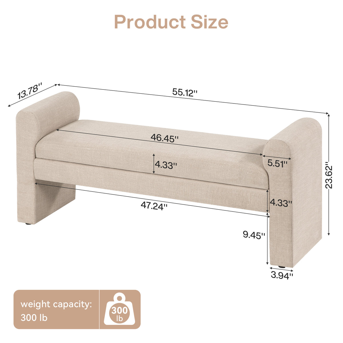 55" Upholstered End of Bed Bench with Arms, Modern Entryway Shoe Bench with Soft Cushioned Seat