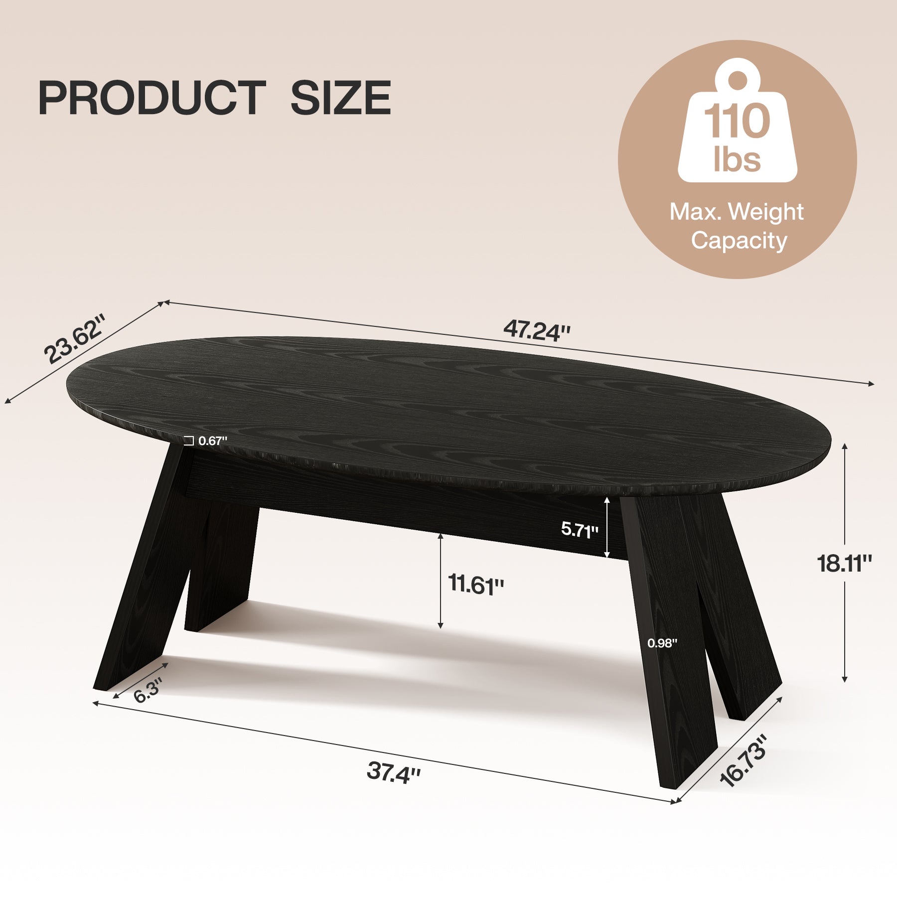 Oval Coffee Table, 47" Modern Center Cocktail Table with Angled Legs