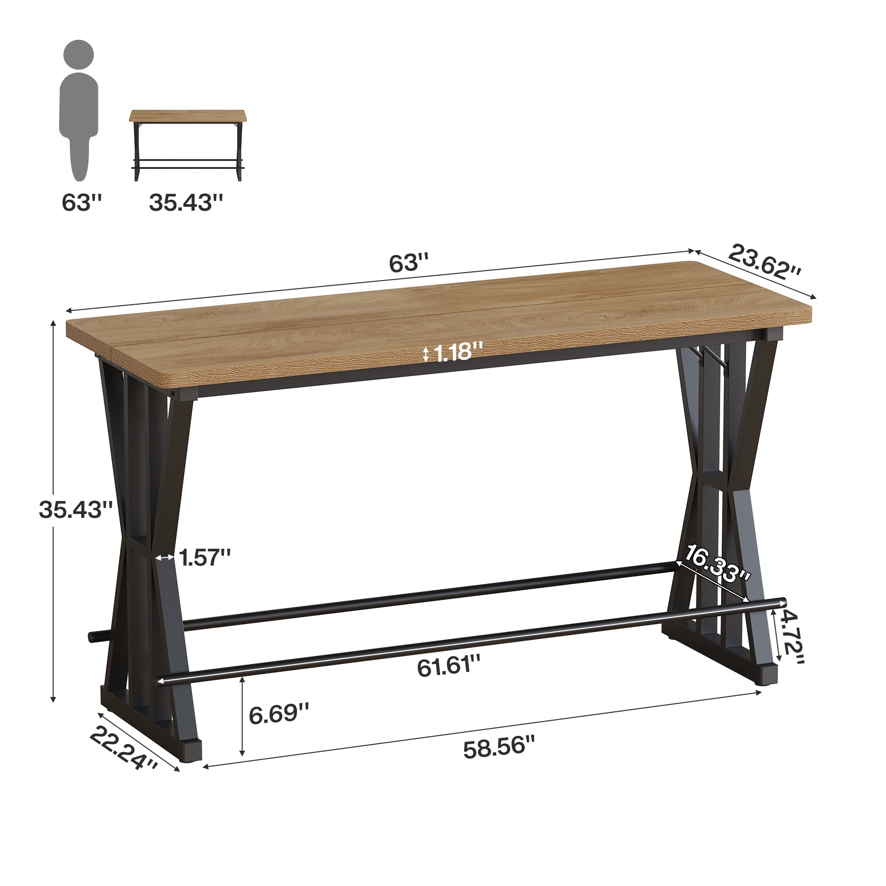 63" Bar Table with X-Frame Metal Legs, Industrial Counter-Height Pub Table for 4-6