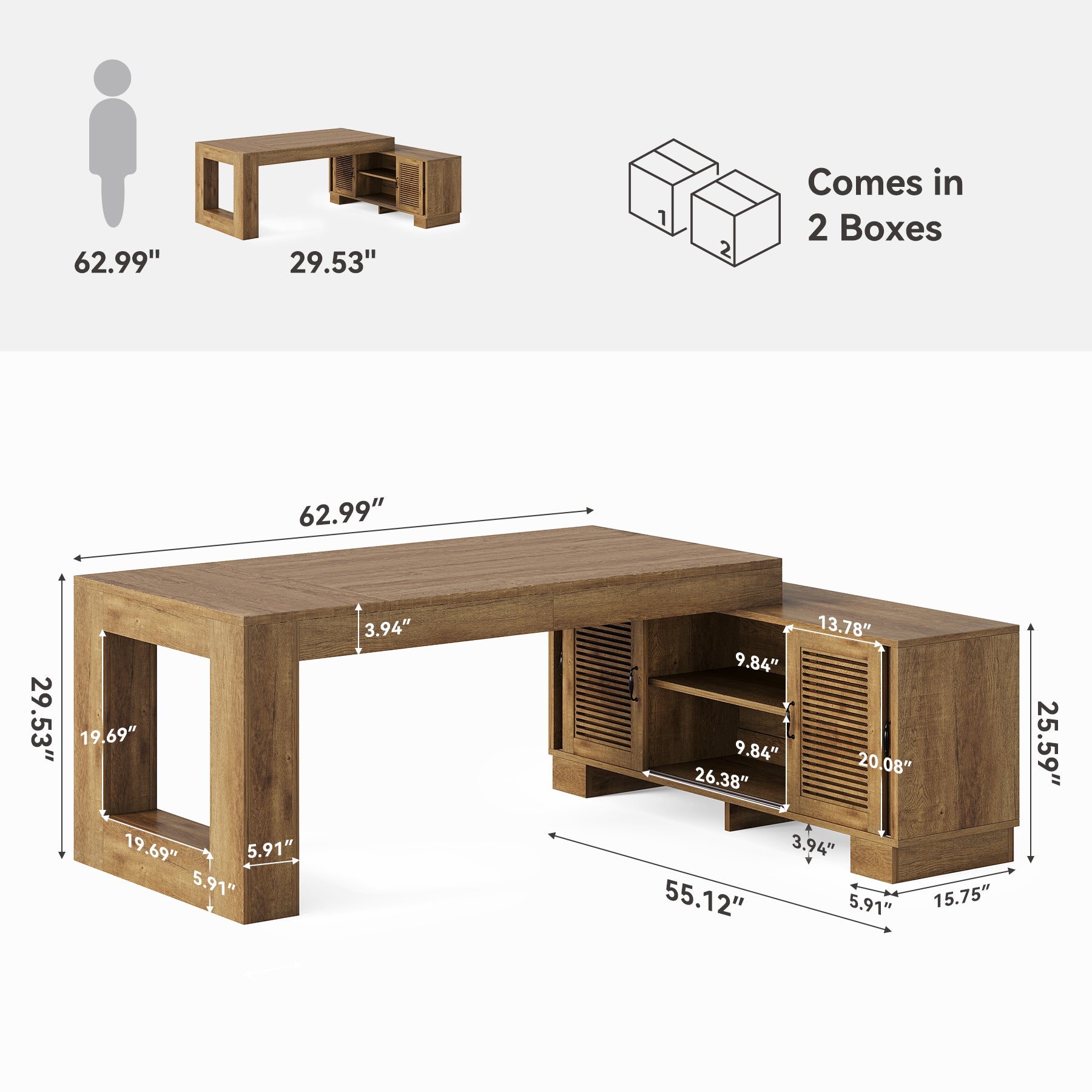 63" Computer Desk, L-shaped Executive Desk with Storage Cabinets