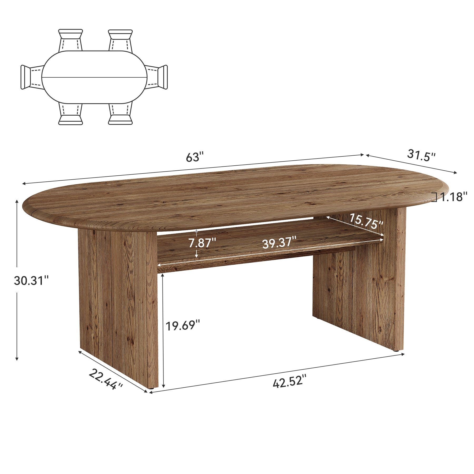 63" Solid Wood Dining Table for 6, Oval Kitchen Table with Storage for Dining Room