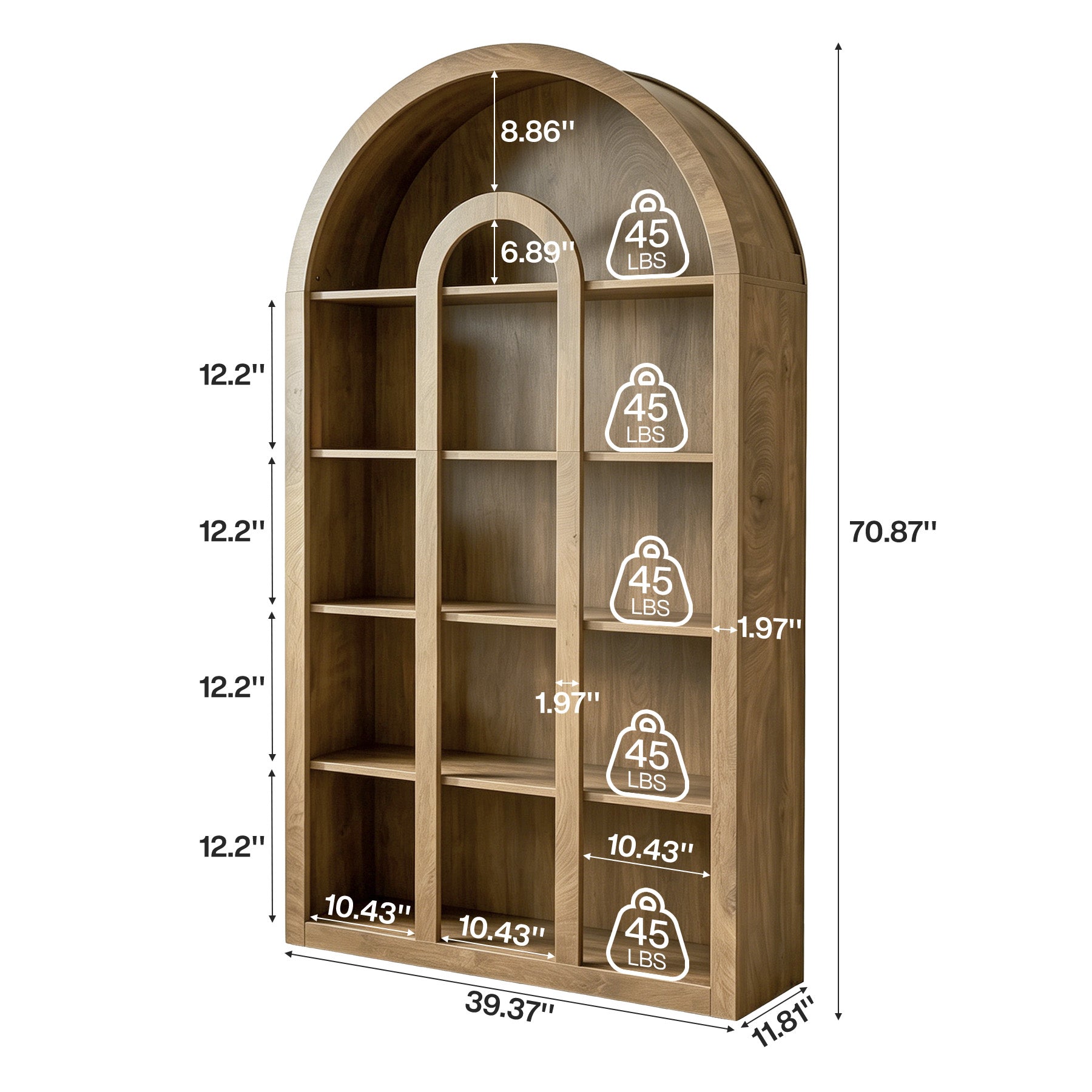 70.87" Tall Bookshelf, 5-Tier Arched Bookcase with Open Shelves for Living Room