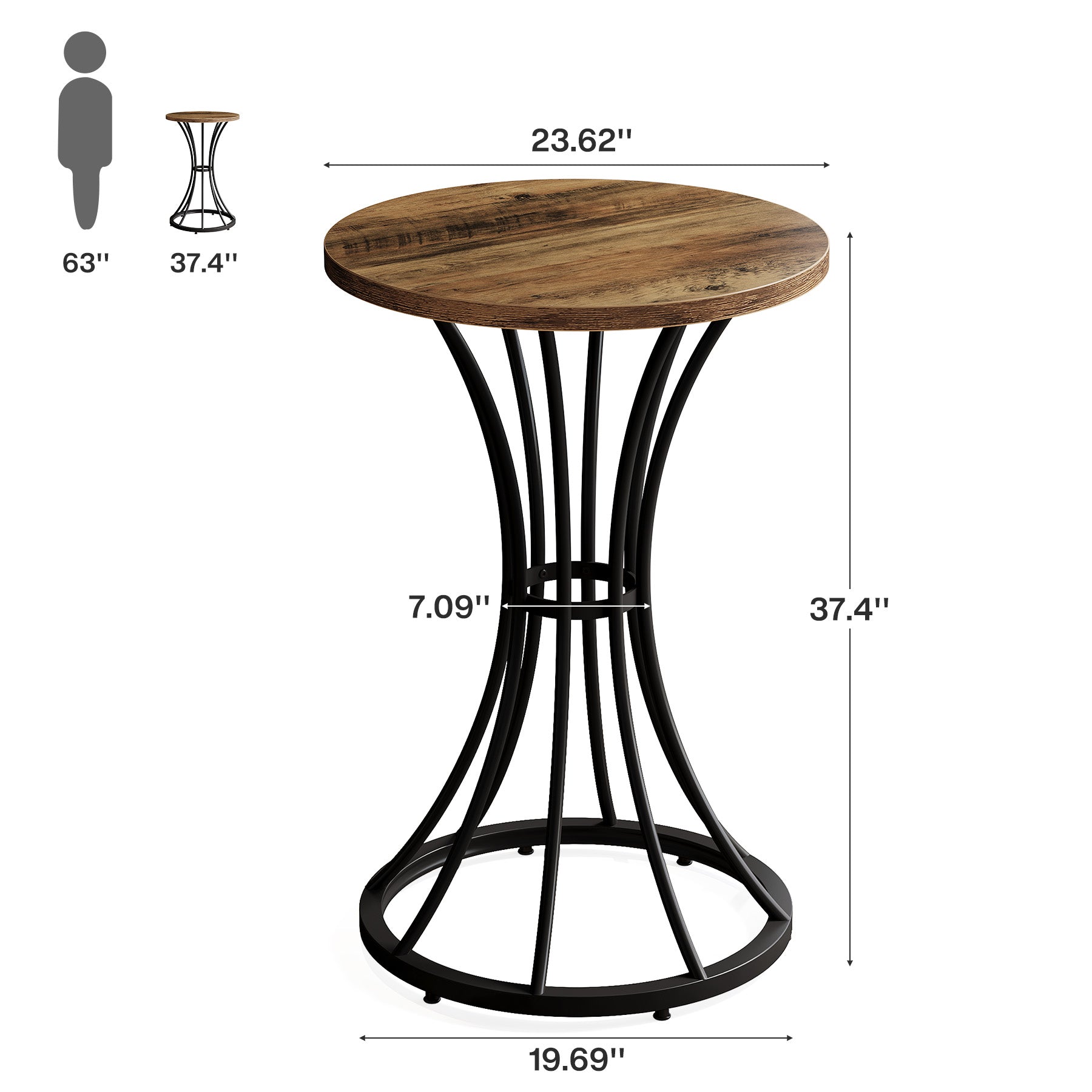 Round Bar Table for 2, 37.4" H Cocktail Table with Curved Metal Base