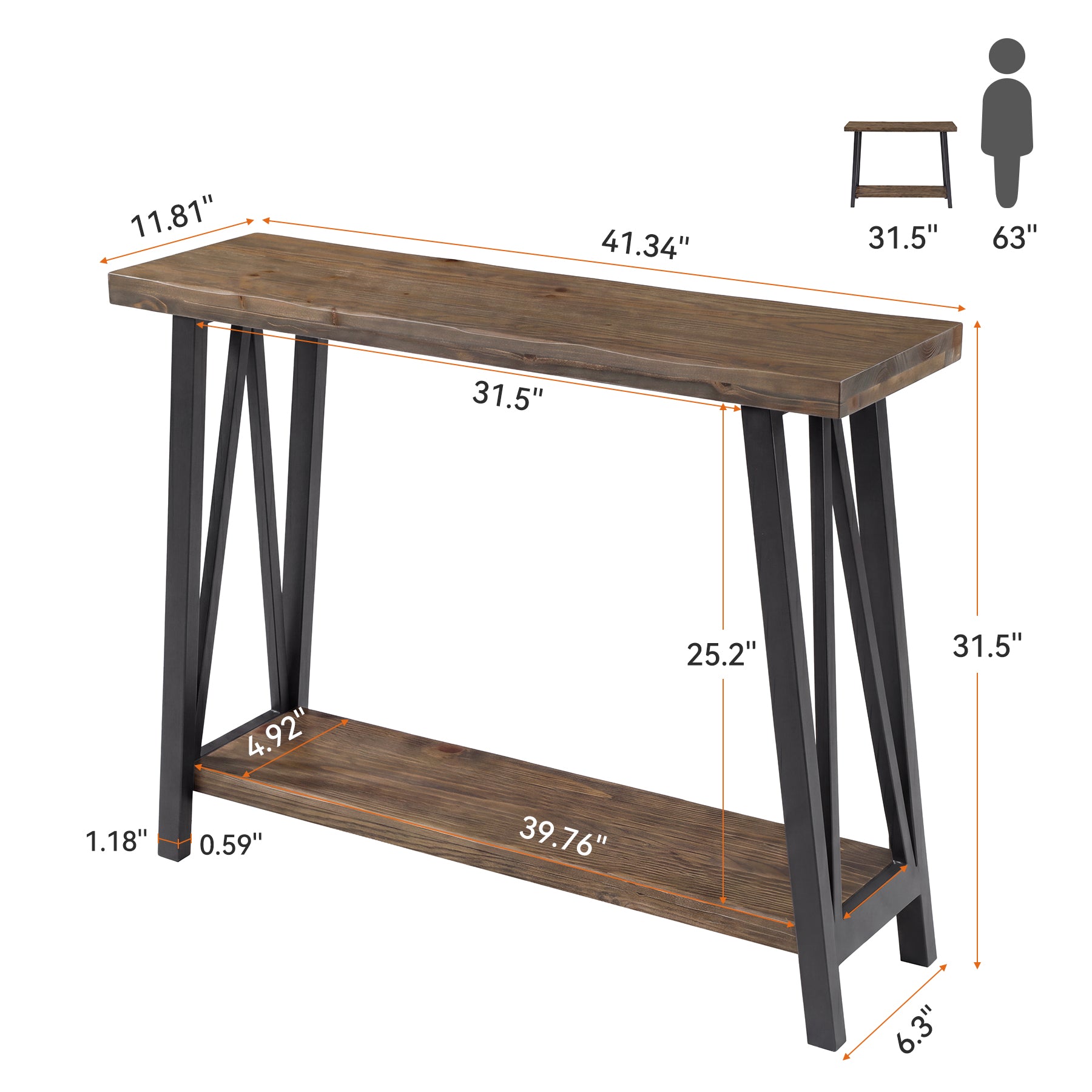41.3" Live-Edge Solid Wood Console Table, 2-Tier Entryway Table with Metal Frame