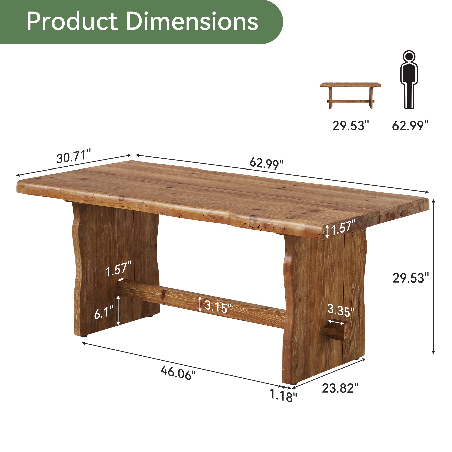 63" Solid Wood Executive Desk, Live Edge Computer Desk with Sturdy Panel Legs for Home Office