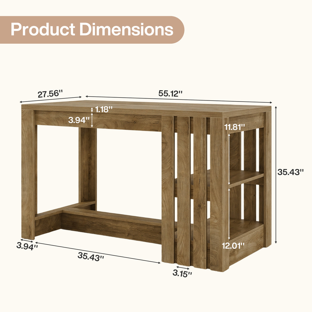 55" Bar Table, Farmhouse Counter Height Pub Table with 2-Tier Storage & Slatted Side Panel