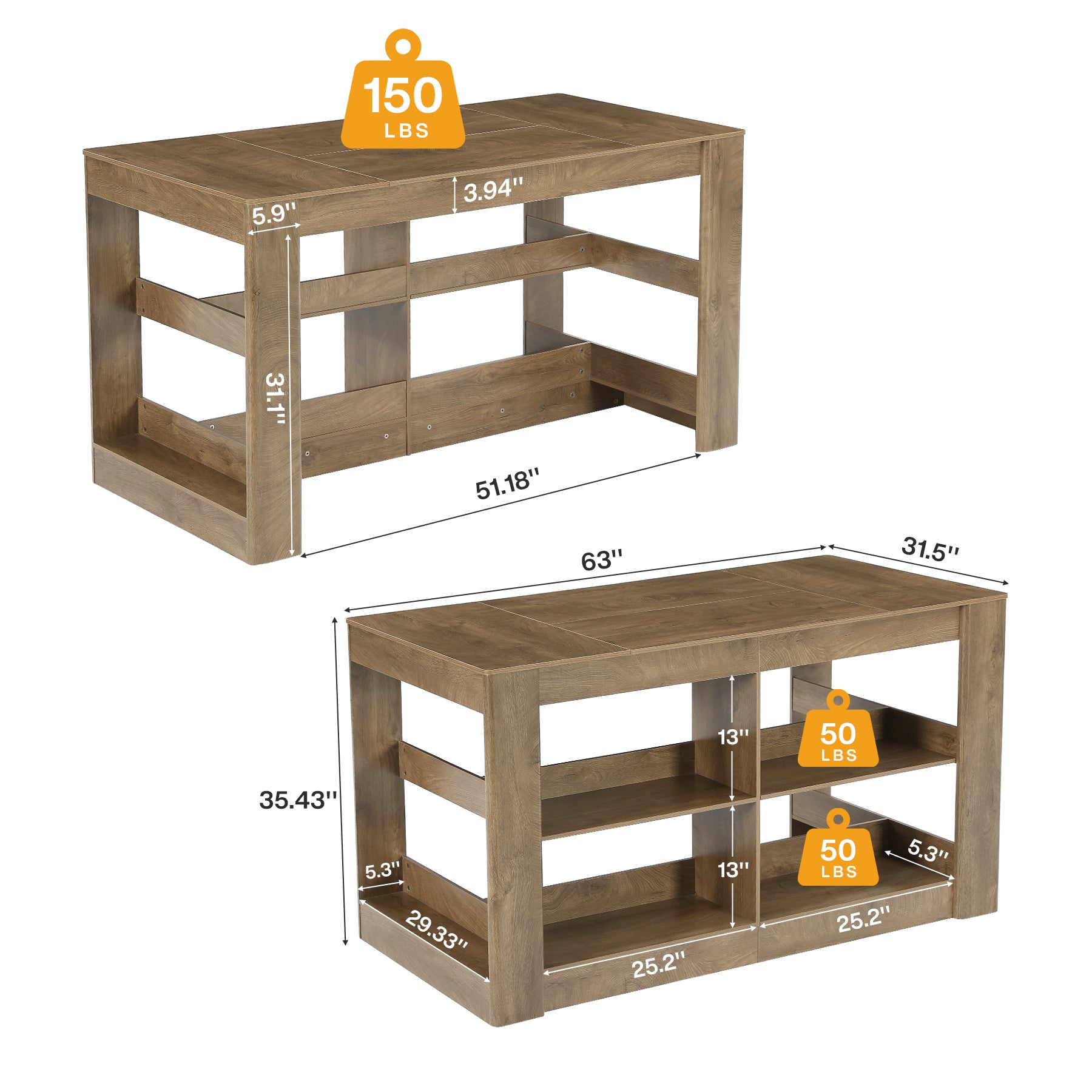 63" Farmhouse Kitchen Island, 3-Tier Stationary Island Table Coffee Bar Table with Large Worktop