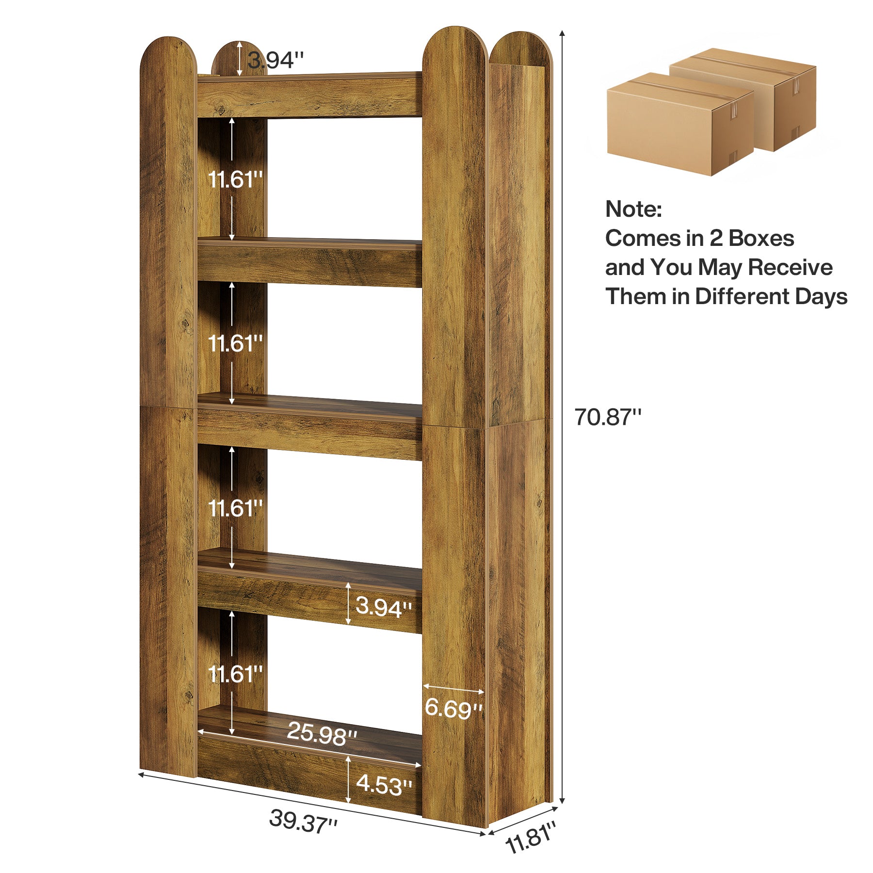 5-Tier Bookshelf, 70.86" Farmhouse Bookcase Display Shelf