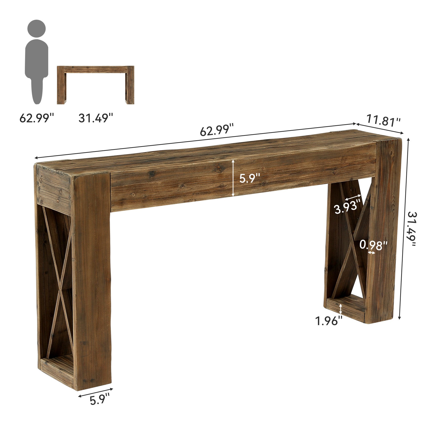 63" Solid Wood Farmhouse Console Table, Narrow Sofa Table with X-Frame Base