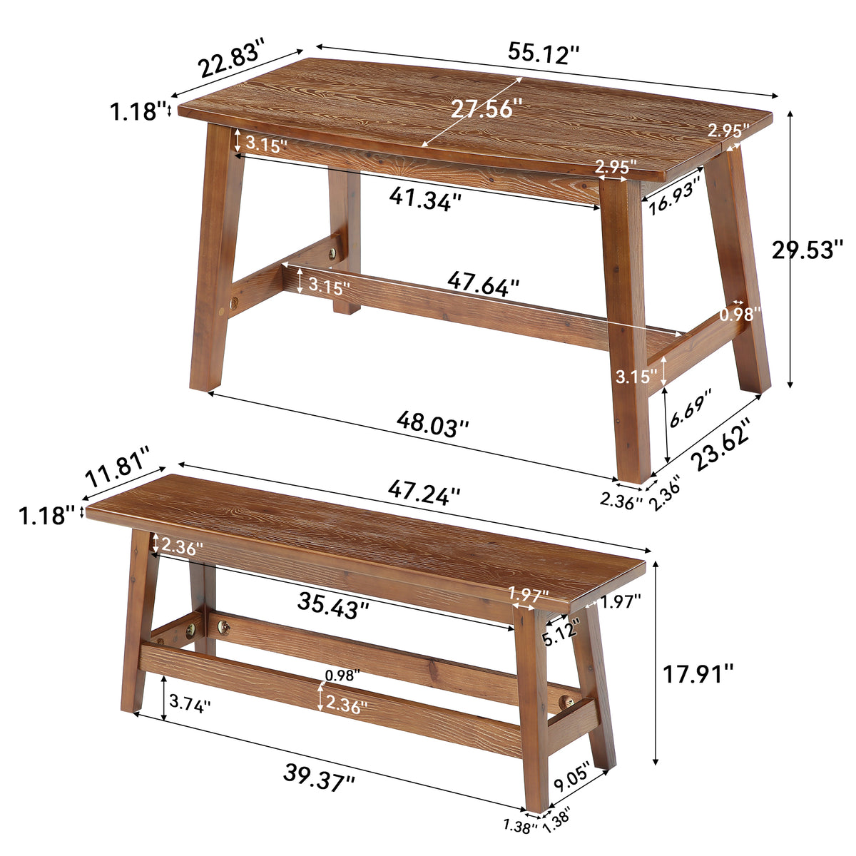 55" Farmhouse Dining Table Set with 2 Benches, Solid Wood Kitchen Table for 4