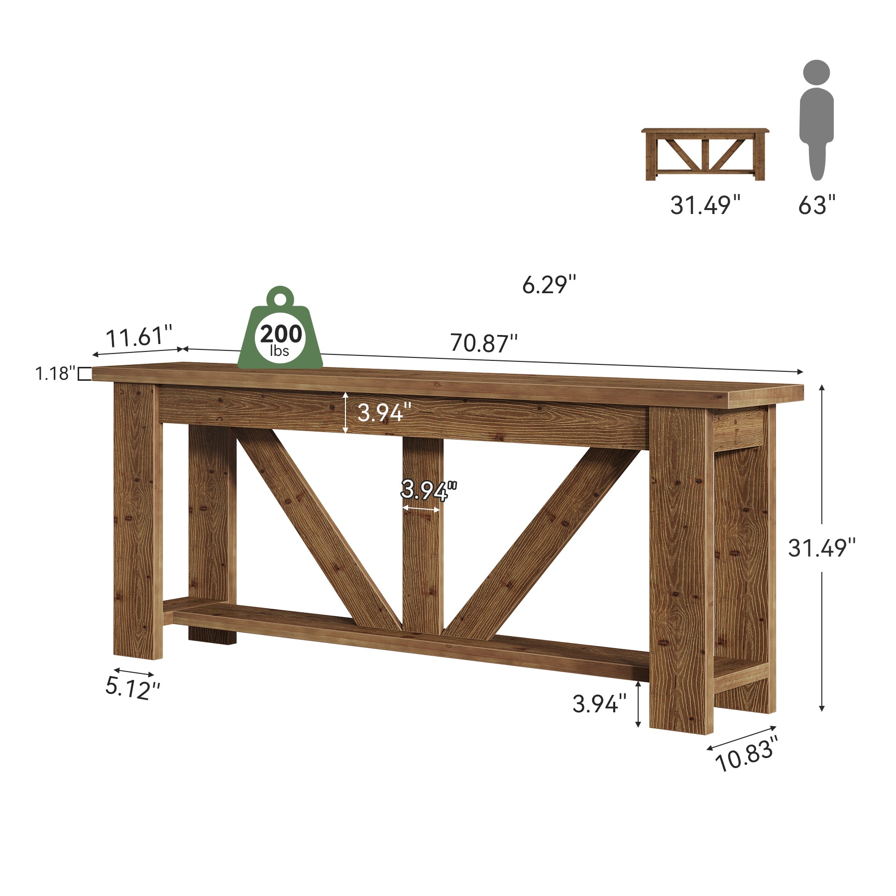 70.9" Solid Wood Console Table, 2-Tier Sofa Table Behind Couch with Storage