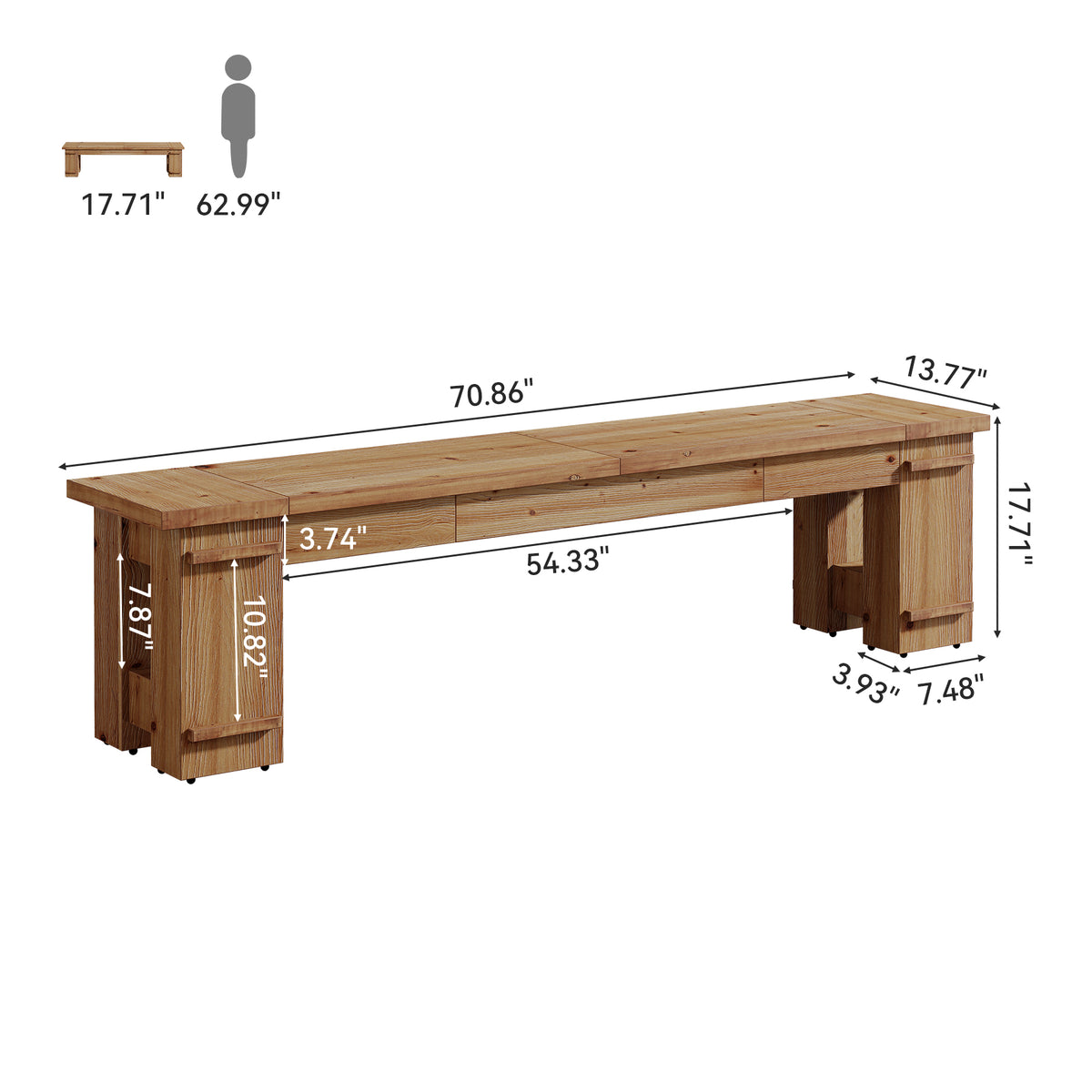 70.9" Solid Wood Entryway Bench, Farmhouse Shoe Bench with Double-Base Support for 2-3