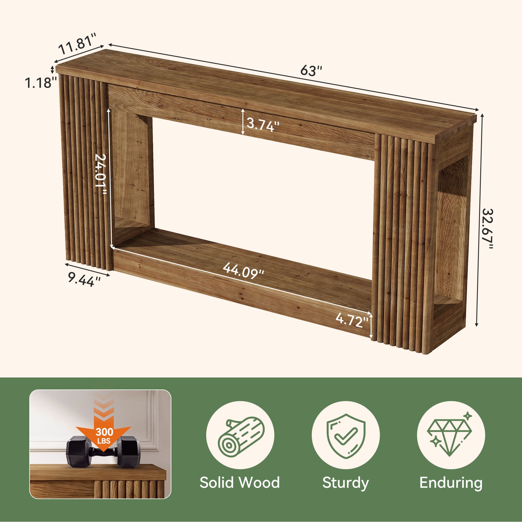 63" Solid Wood Console Table with Storage Shelf, Farmhouse Entryway Table with Fluted Legs