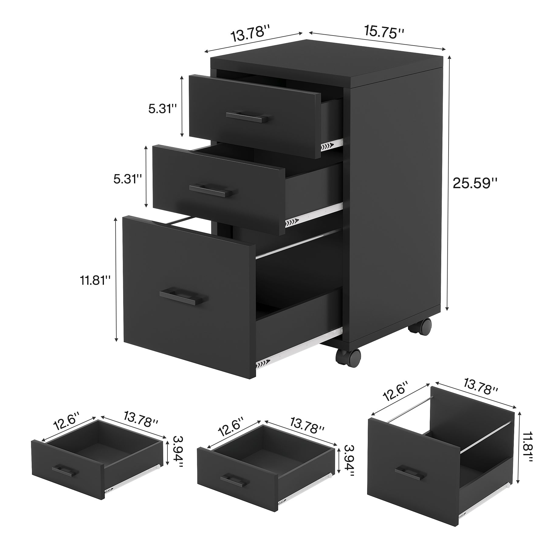 3-Drawer File Cabinet, Modern Rolling Printer Stand for Home Office