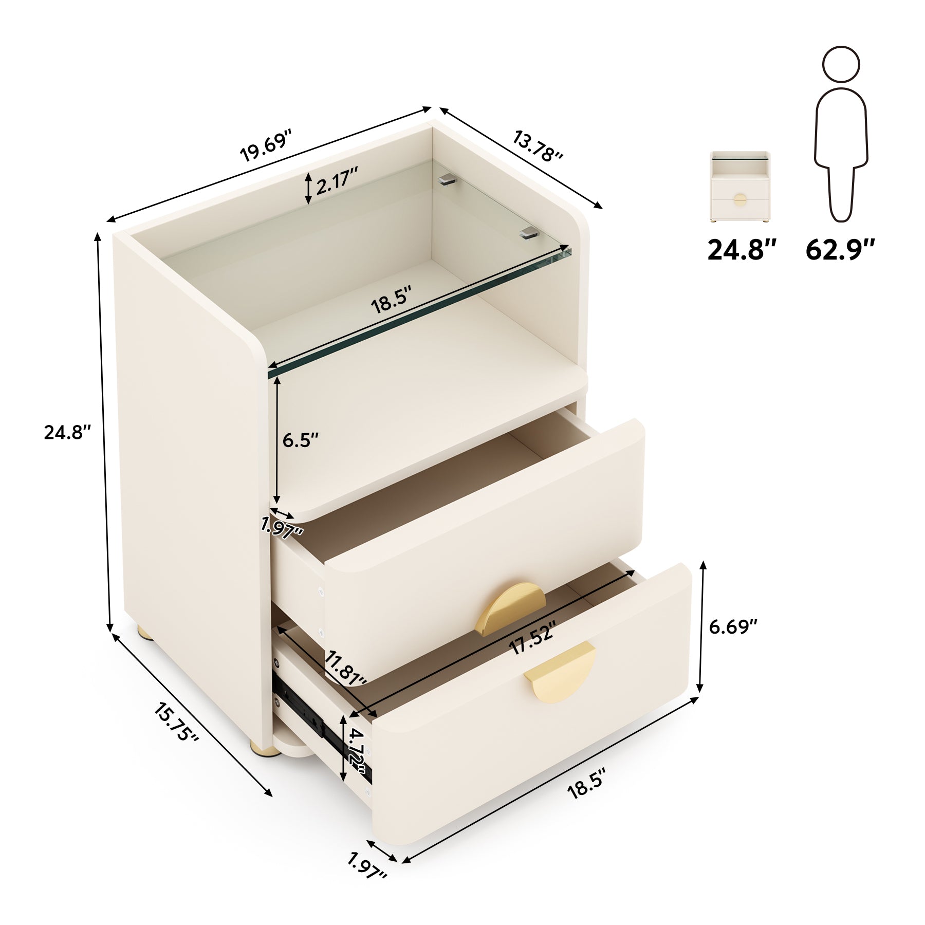 2-Drawer Nightstand, Modern Bedside Table with Open Storage