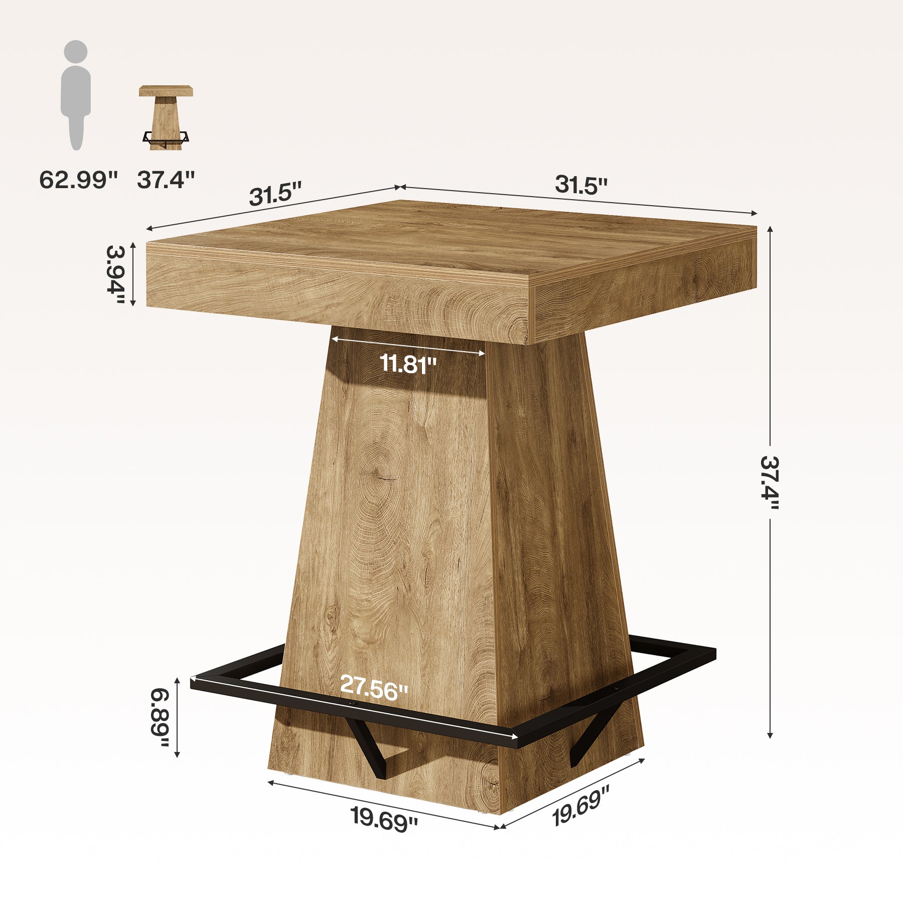 Tribesigns 37.4" Square Bar Table, Pub Table with Footrest for Dining Room